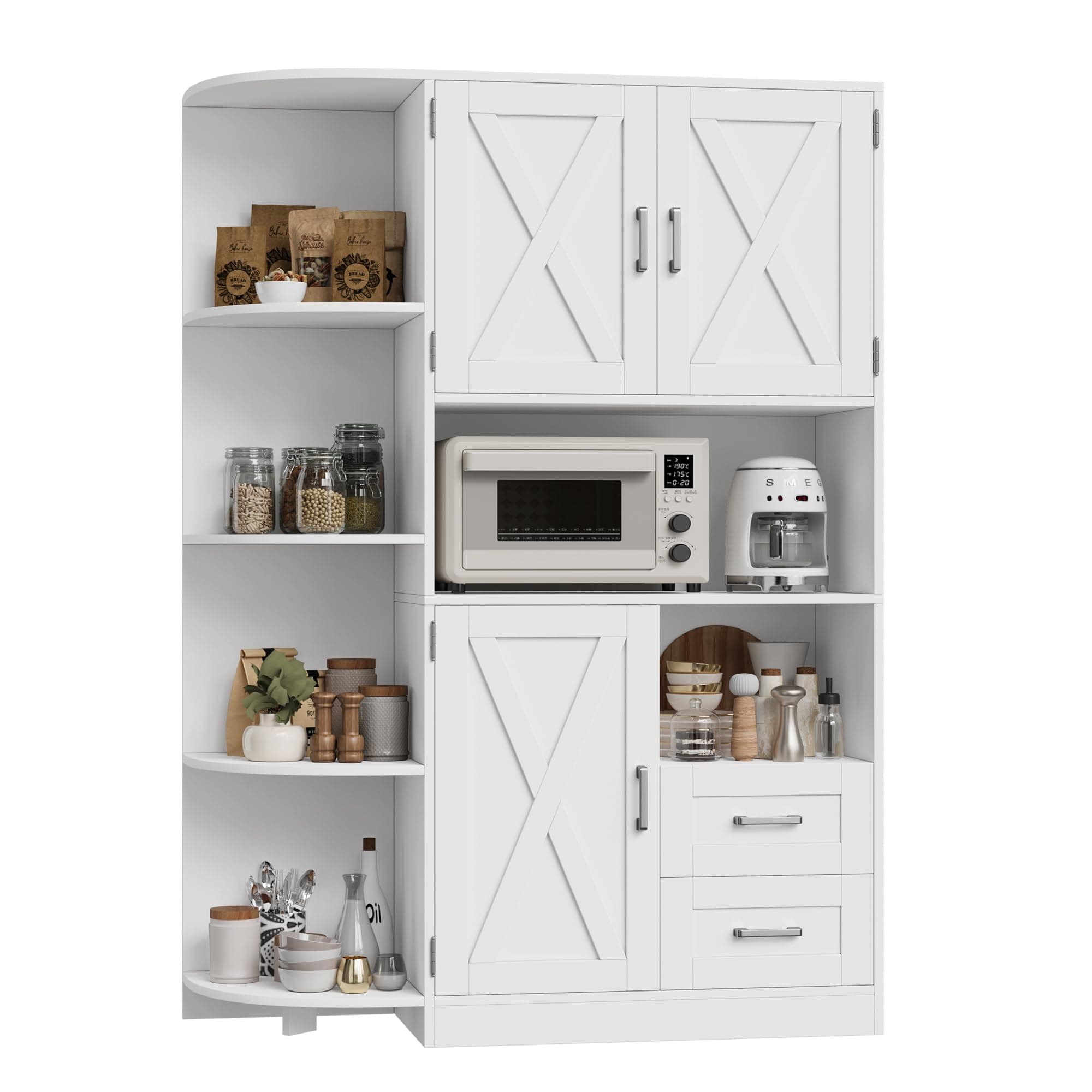 HOSTACK 60.4" Farmhouse Kitchen Pantry Storage Cabinet, Freestanding Hutch with Doors & Shelves, Buffet Sideboard with Microwave Stand, Coffee Bar with Drawers, Cupboard for Dining Room, White