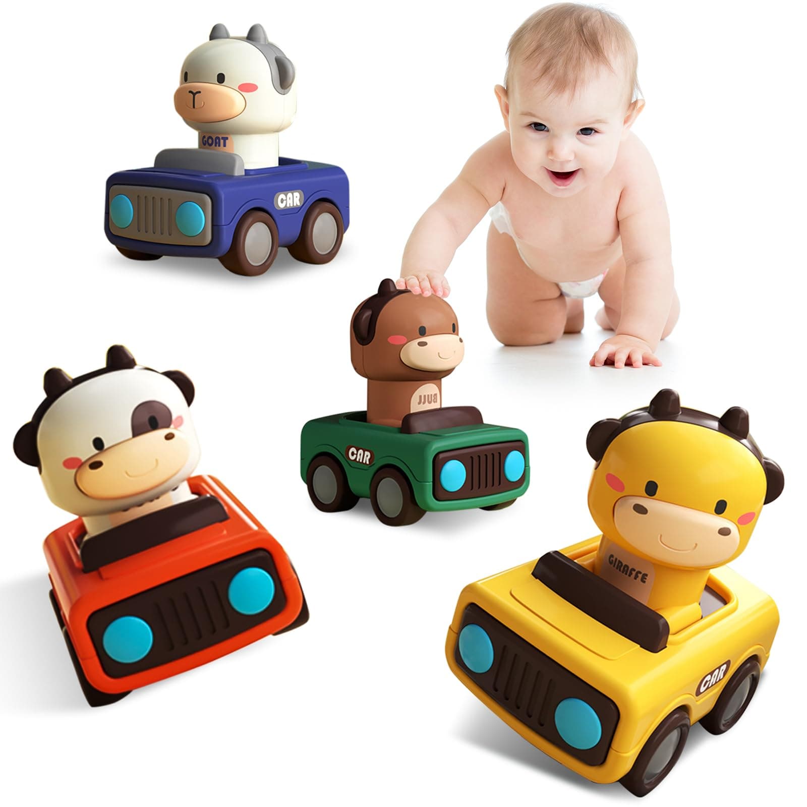 Animal Car Toys for Toddlers, 4PCS Press and Go Car for Age 18 Months+, Baby Cartoon Wind up Cars, Infant Push Go Friction Car, Racing Cars Vehicle Set for Kids Boys Girls Birthday Gifts