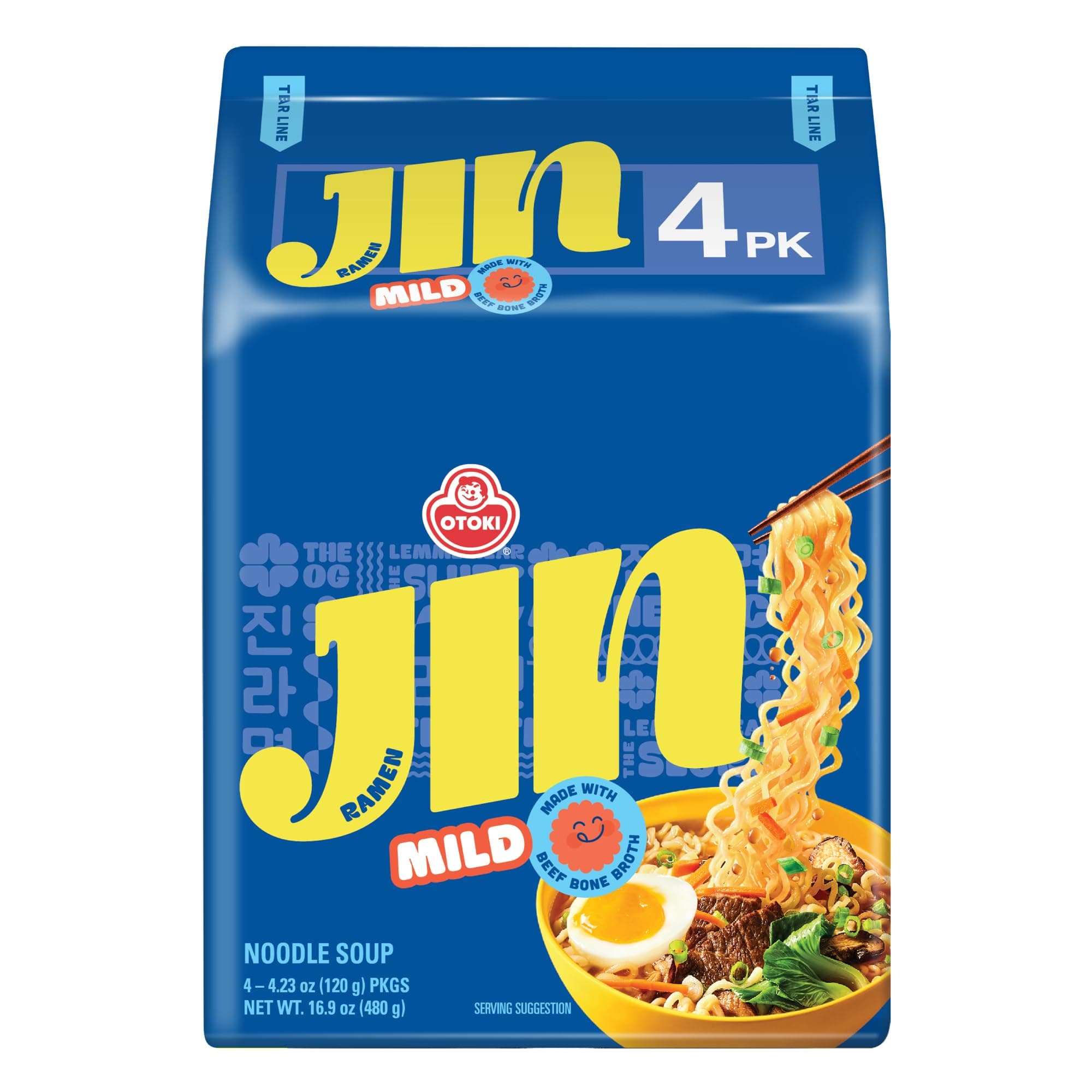 OTOKI Jin Ramen Mild Korean Instant Ramen, 13-Hour Simmered Beef Bone Broth, Mild Savory Flavor, Ready in 4 Minutes, 4.23 oz (Pack of 4)