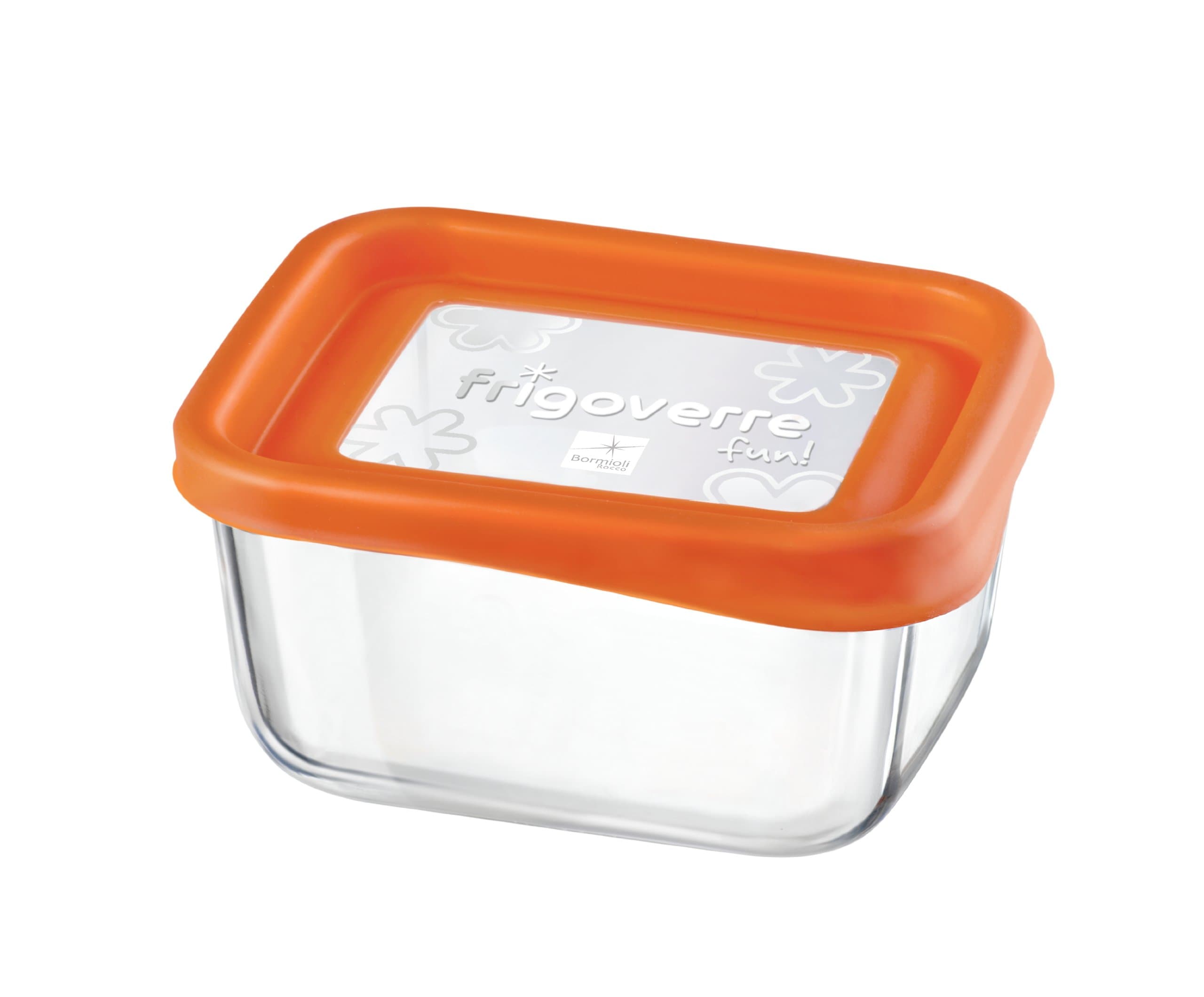 Bormioli Rocco Frigoverre Rectangle Glass Food-Storage Container with Lid, 13.50-Ounce, Orange