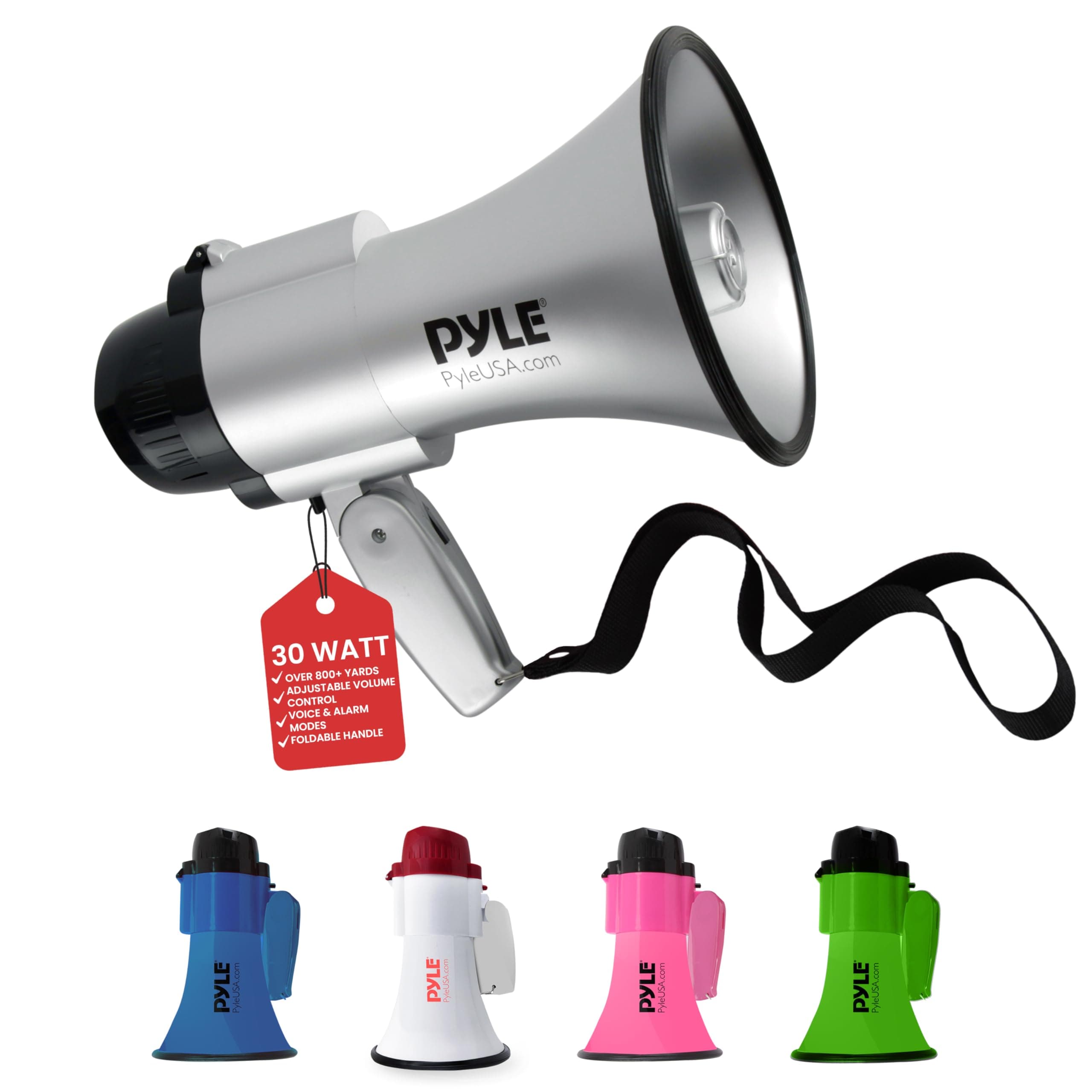 Portable Megaphone Speaker Siren Bullhorn - Compact, Battery Operated, 30W Power, Microphone, 2 Modes, PA Sound, 1200 Yards Range, Foldable Handle for Cheerleading and Police Use - (Silver)