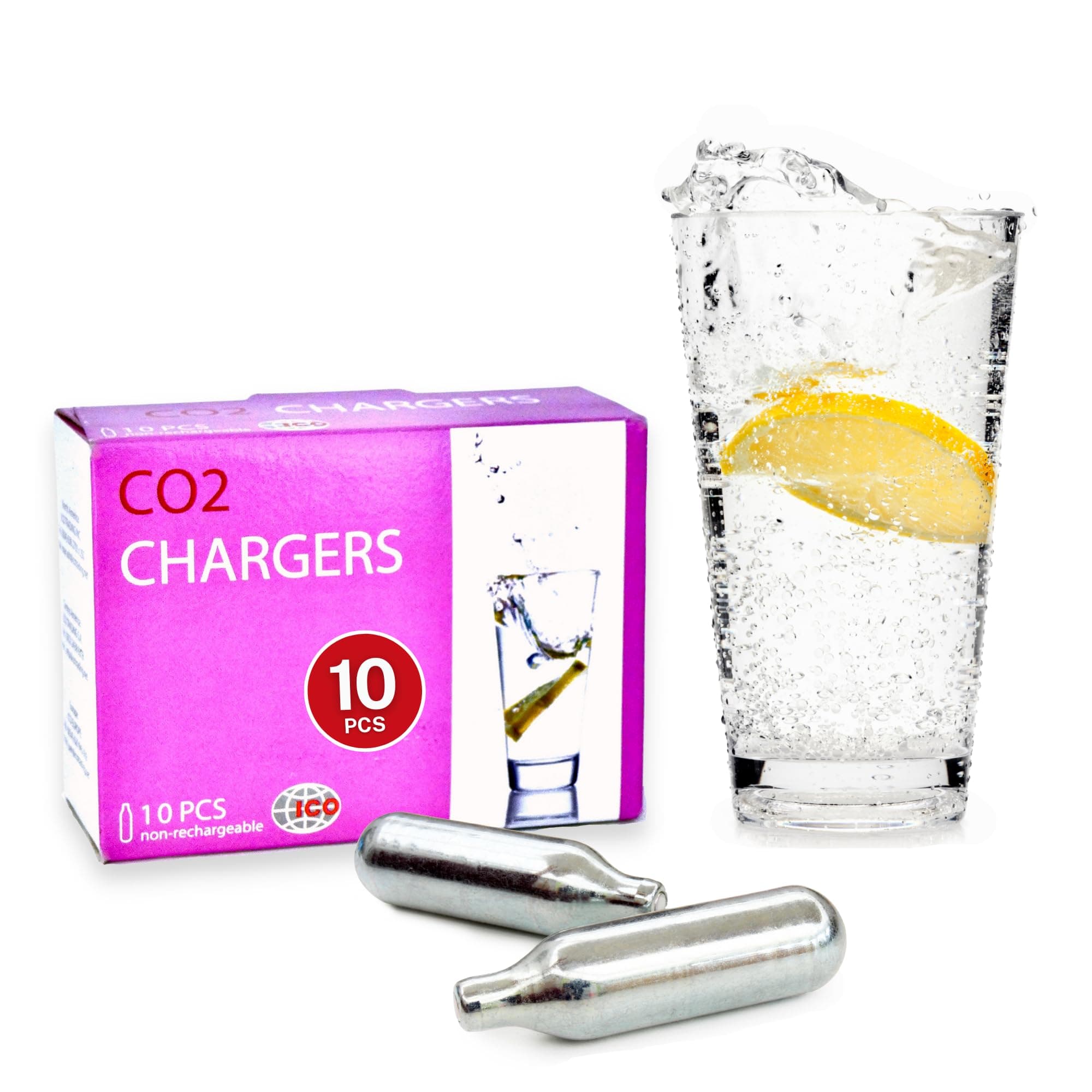 ICO CO2 Cartridges 10pcs 8g for Soda Maker Food Grade 8g CO2 Cartridges Screwless Soda Charger for Sparkling Water Makers and Soda Water Makers
