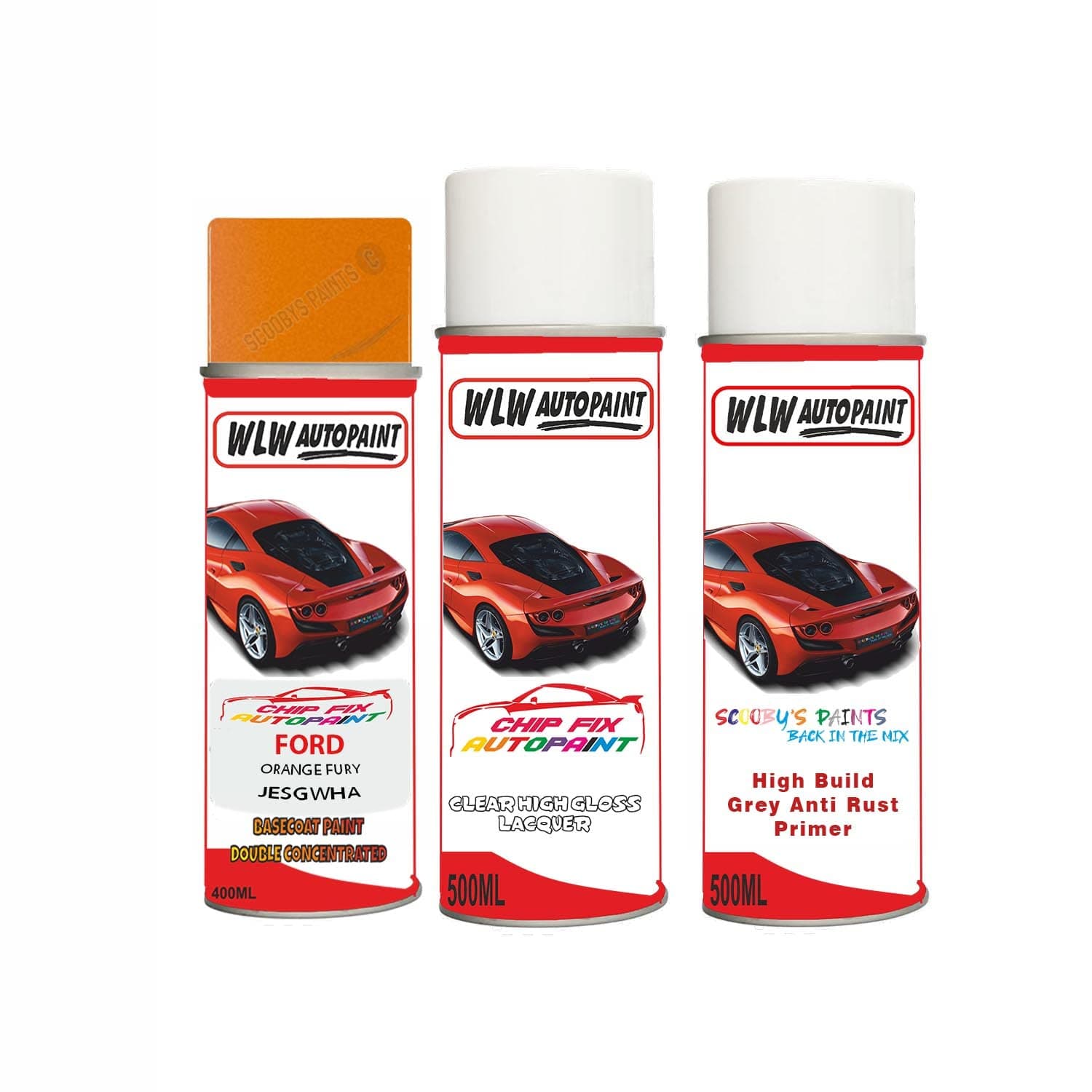 SCOOBYS PAINTS BACK IN THE MIX Aerosol Spray Paint For Ford Fiesta Orange Fury 2019-2020 Primer Undercoat With Lacquer