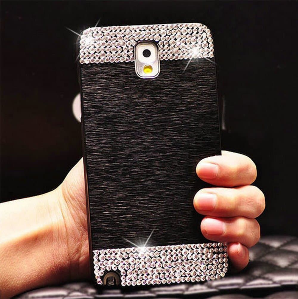 Galaxy S6 Edge Case ,Lucky Stores (TM) Luxury Diamond Hybrid Glitter Bling Hard Shiny Sparkling with Crystal Rhinestone Brushed Metal Aluminum PC Back Cover Case for Samsung Galaxy S6 Edge (Black)