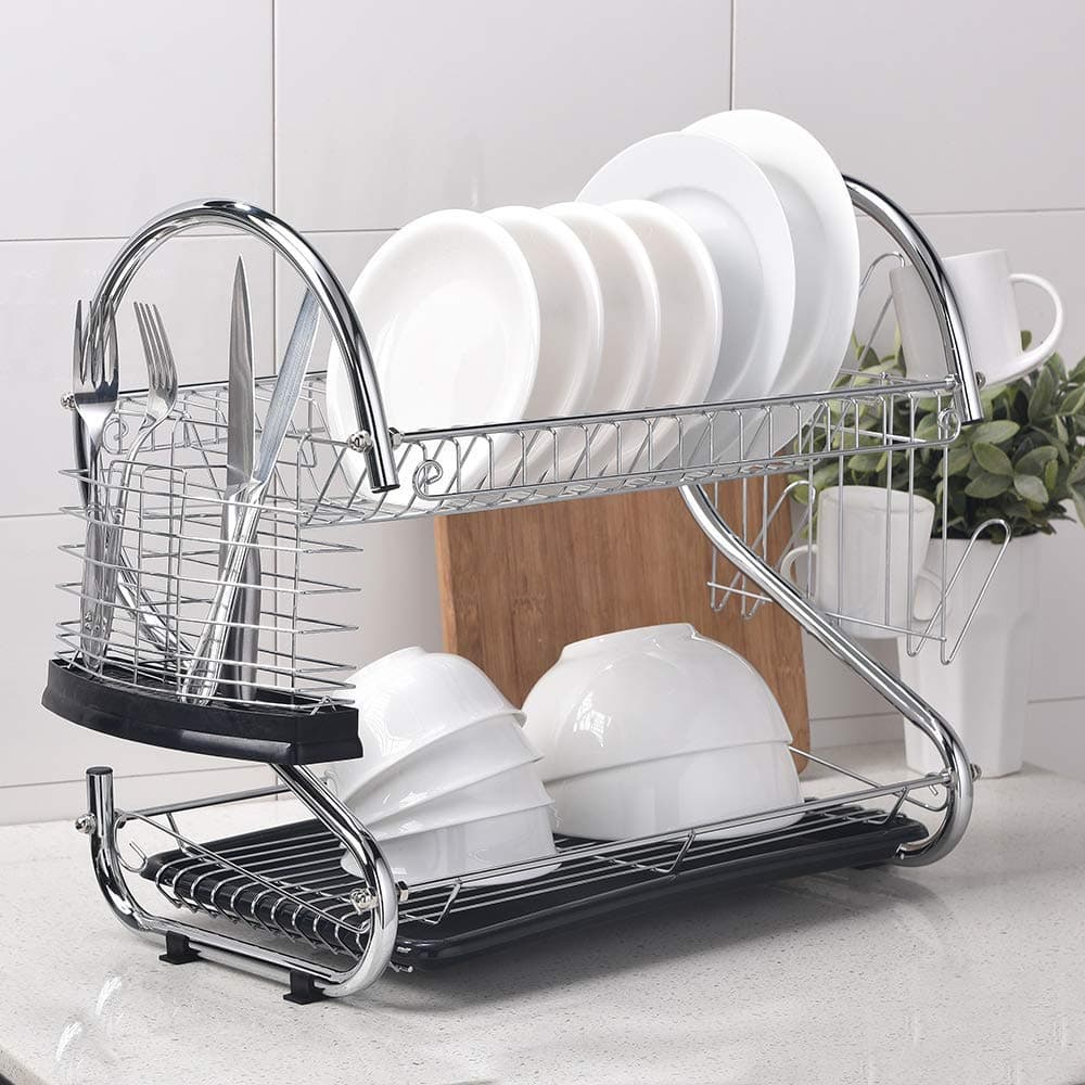 SEVETILKA Simple Design Rust Proof 2-Tier Cutlery Metal Draining Dish Drying Rack,with Black Dish Rack.