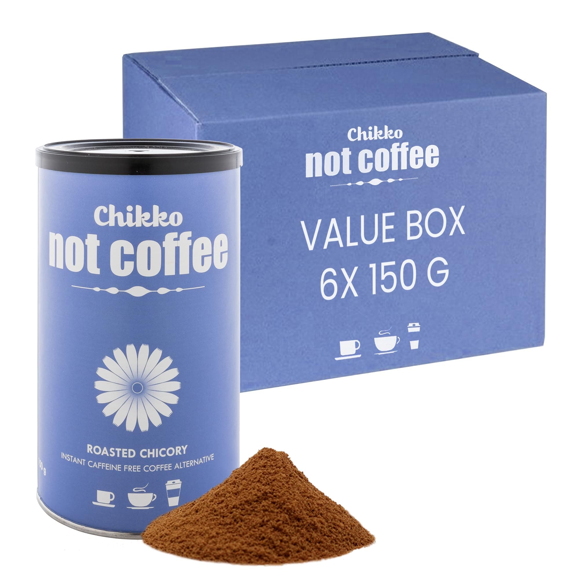 Chikko Not Coffee Organic Chicory Coffee 6x150g - No Added Sugars - Instant Decaf Coffee Alternative, Vegan - Made from Natural Roasted Chicory Root Powder - No Chemicals