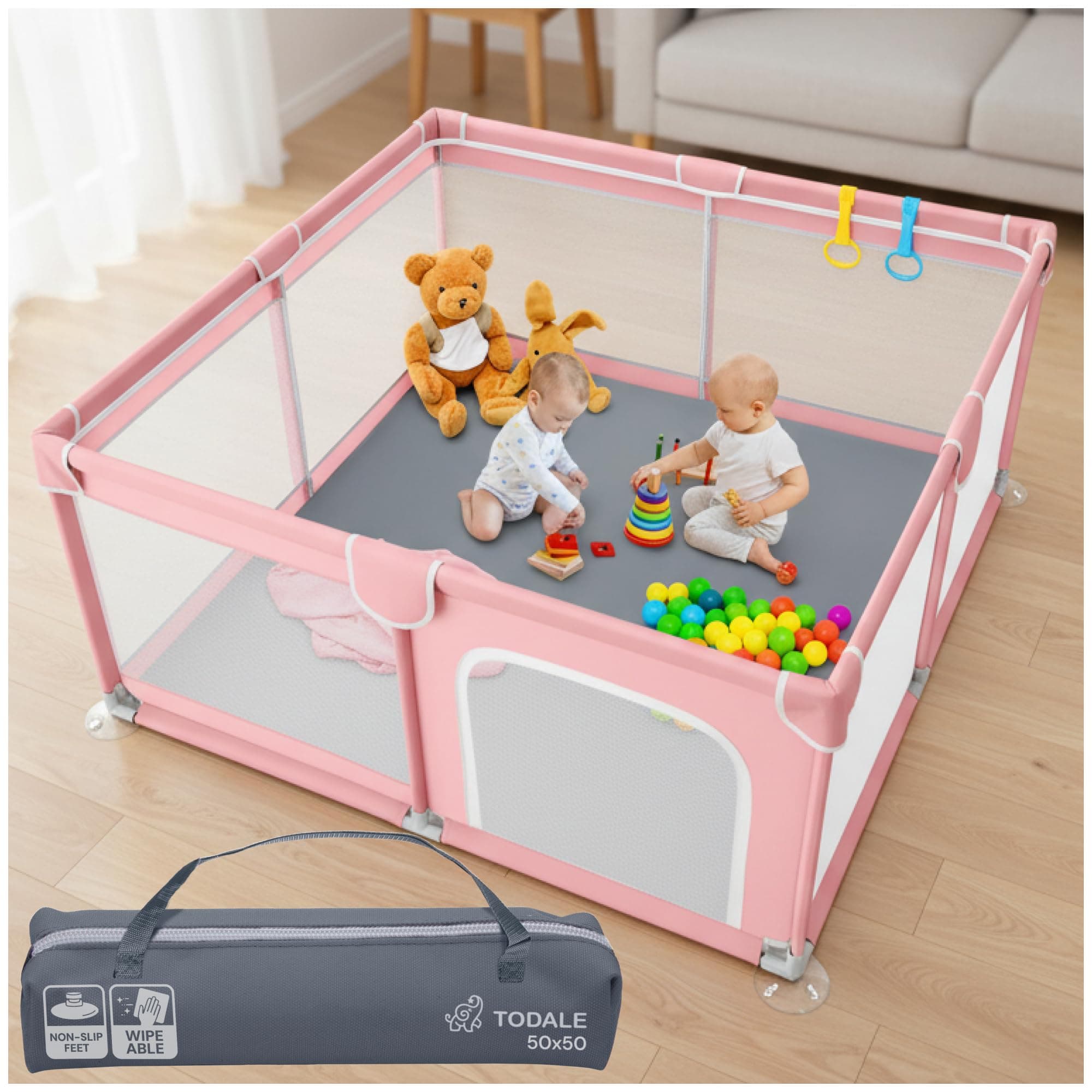Todale Play Pen - 50 x 50 x 27 in, Pink - Baby Playpen Play Yard with Breathable Mesh & Anti-Slip Base - Portable Crib & Foldable Playpen for Babies & Toddlers