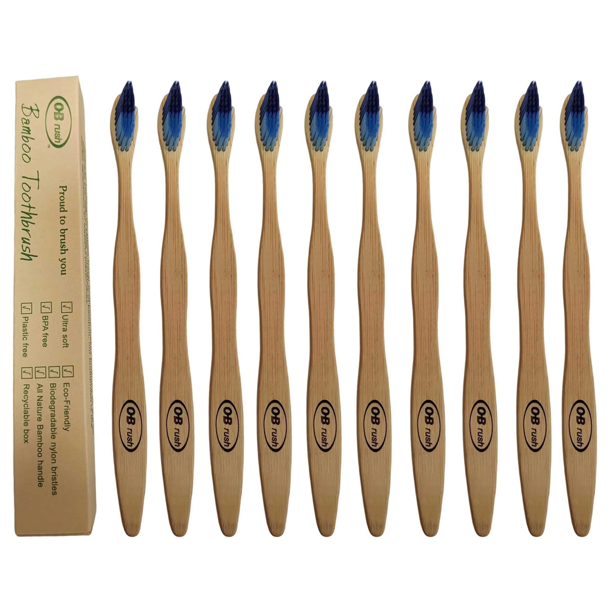 OB Rush Eco-Friendly Natural Bamboo Toothbrush BPA Free Biodegradable Handle 2 Color Bristles Pack of 10