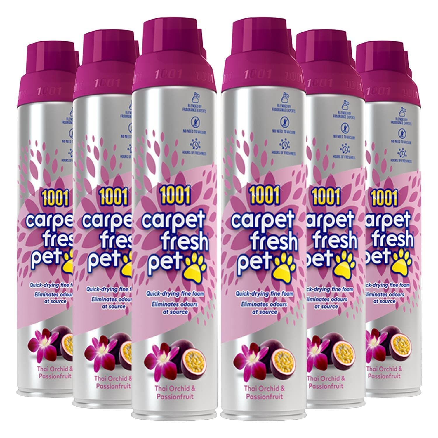 1001 Carpet Fresh Pet Thai Orchid & Passionfruit Fragrance – Quick drying, For use On Carpet Rug Upholstery Freshening Foam Pet Odour Remover, Pack of 6 300ml Aerosol Spray Can