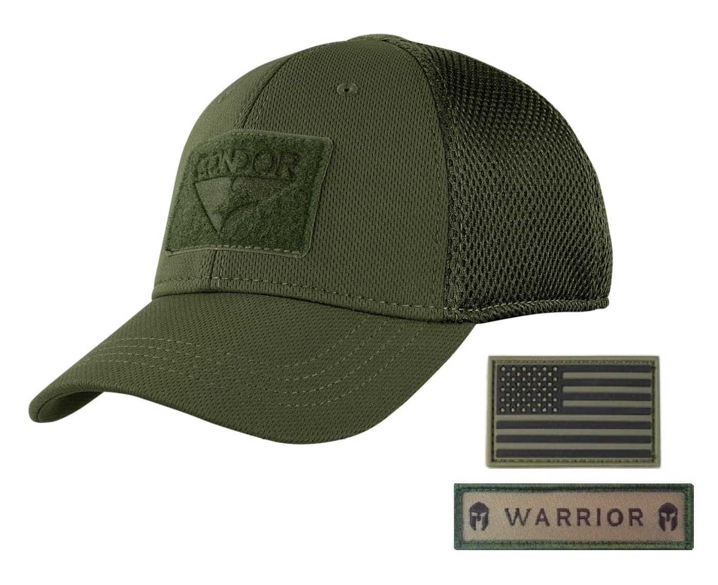 Condor Flex Mesh Cap (OD Green) + PVC Flag & Warrior Patch, Highly Breathable Fitted Tactical Operator Hat (L/XL)