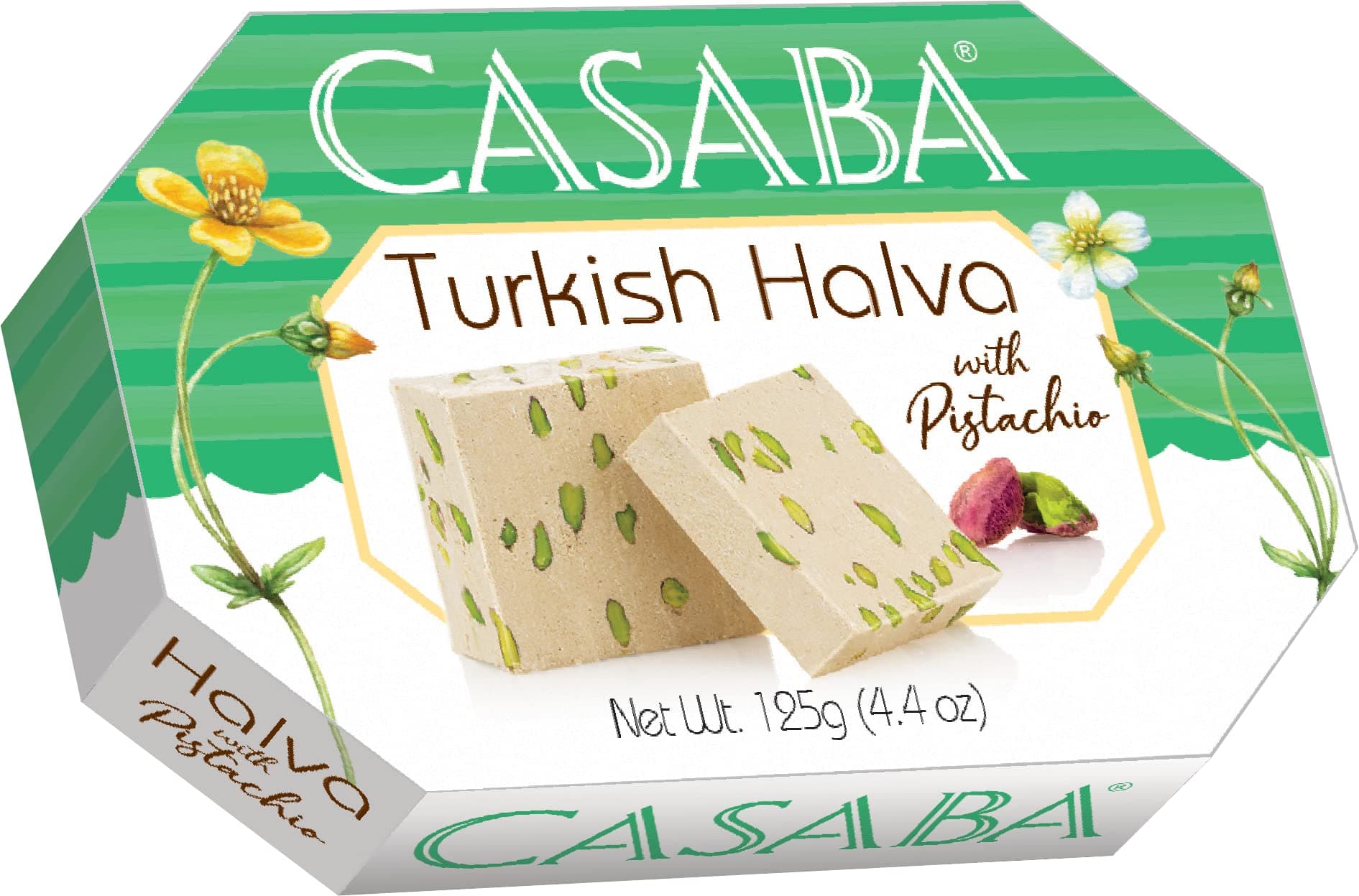 Casaba Turkish Halva with Pistachio, Best Served as a Dessert or Paired with Traditional Turkish Tea, Coffee and Various Wines. A Great Gift for All Occasions, 125g Box