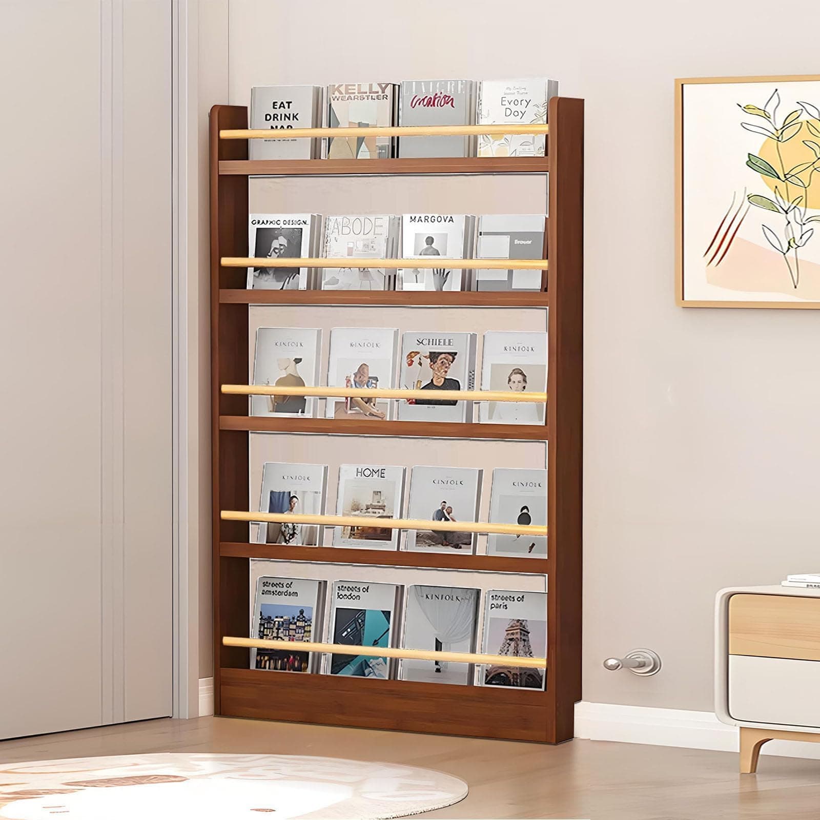 Wooden 3/4/5/6 Tier Behind The Door Bookshelf, Tall Narrow Floor Standing Bookcase, Space-Saving Storage Organizer for Books, Bedroom, Living Room, Office Brown 47.2x3.9x57.1