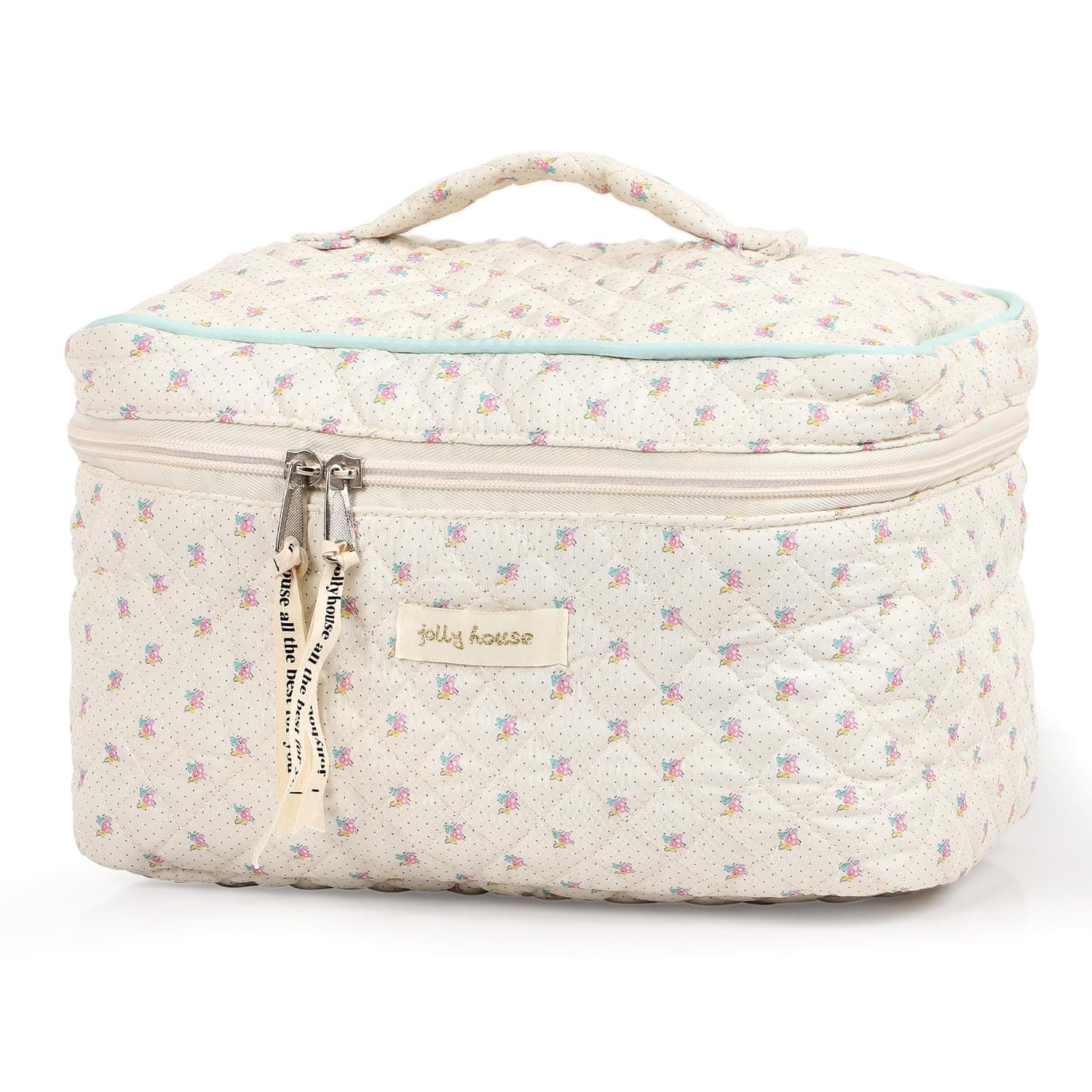 Cotton Makeup Bag, Quilted Cosmetic Bag with Handle Large Capacity Travel Toiletry Bag for Women Cute Aesthetic Floral Makeup Bag (Beige)