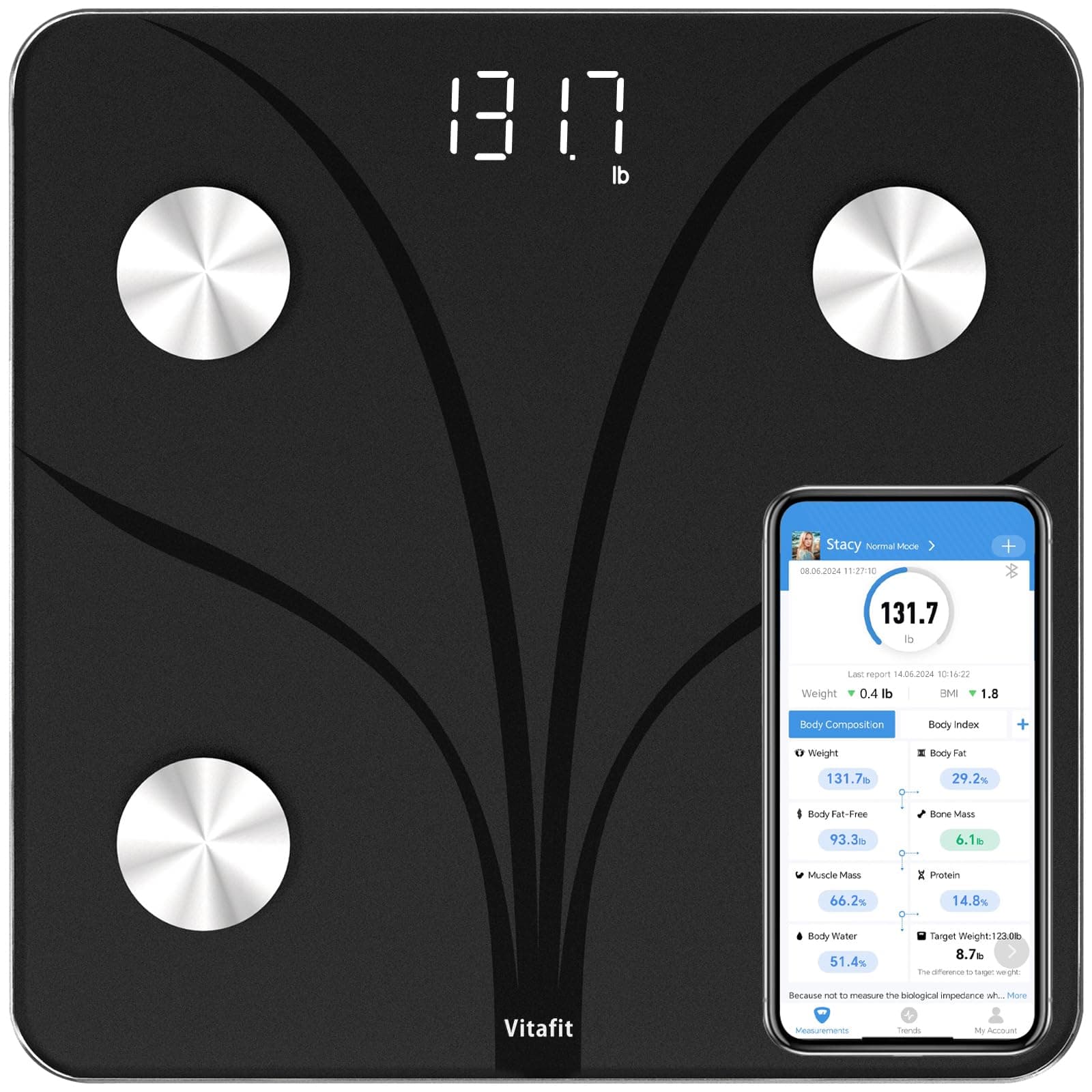 Vitafit Smart Bathroom Scales, High Accuracy Assured by Weight Scale Professional Factory SINCE 2001, App Sync 13 Body Composition Analyzer including BMI, Body Fat and Muscle, 182kg, Black