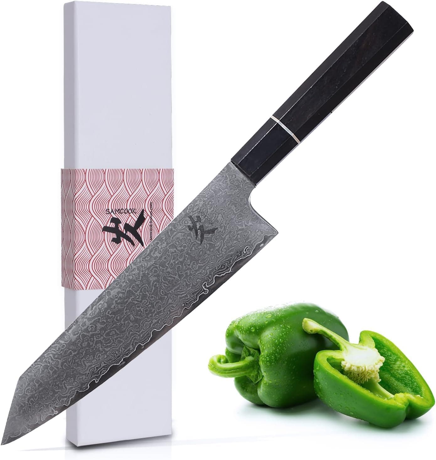 SAMCOOK Kiritsuke Chef Knife - 8 Inch Professional Sharp Damascus Knife - Japanese VG-10 High Carbon Stainless Steel Kitchen Gyuto knife - Ergonomic Octagonal Ebony Handle with Gift Box