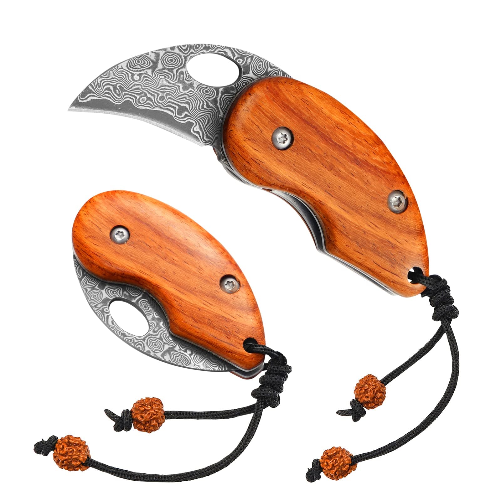 Damascus Pocket Knife, Small Folding Wood Handle EDC Knife, Blade Length 2in