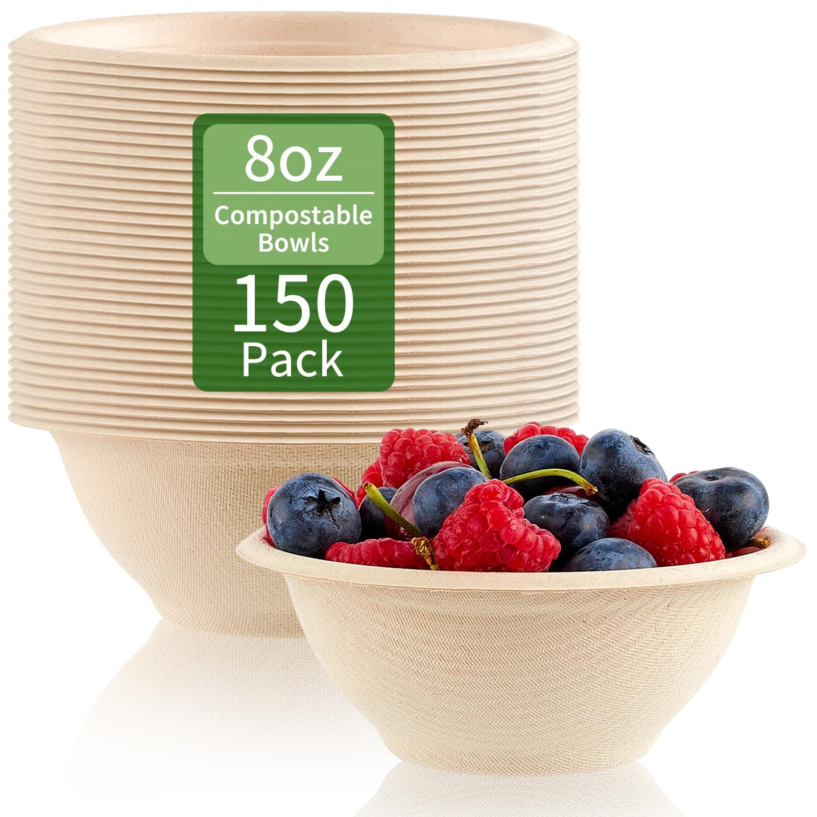 150 Pack 8 oz Compostable Paper Bowls Small Disposable Soup Bowls Natural Sugarcane Biodegradable Bowls for Ice Cream, Desserts, Salads, Pet Food