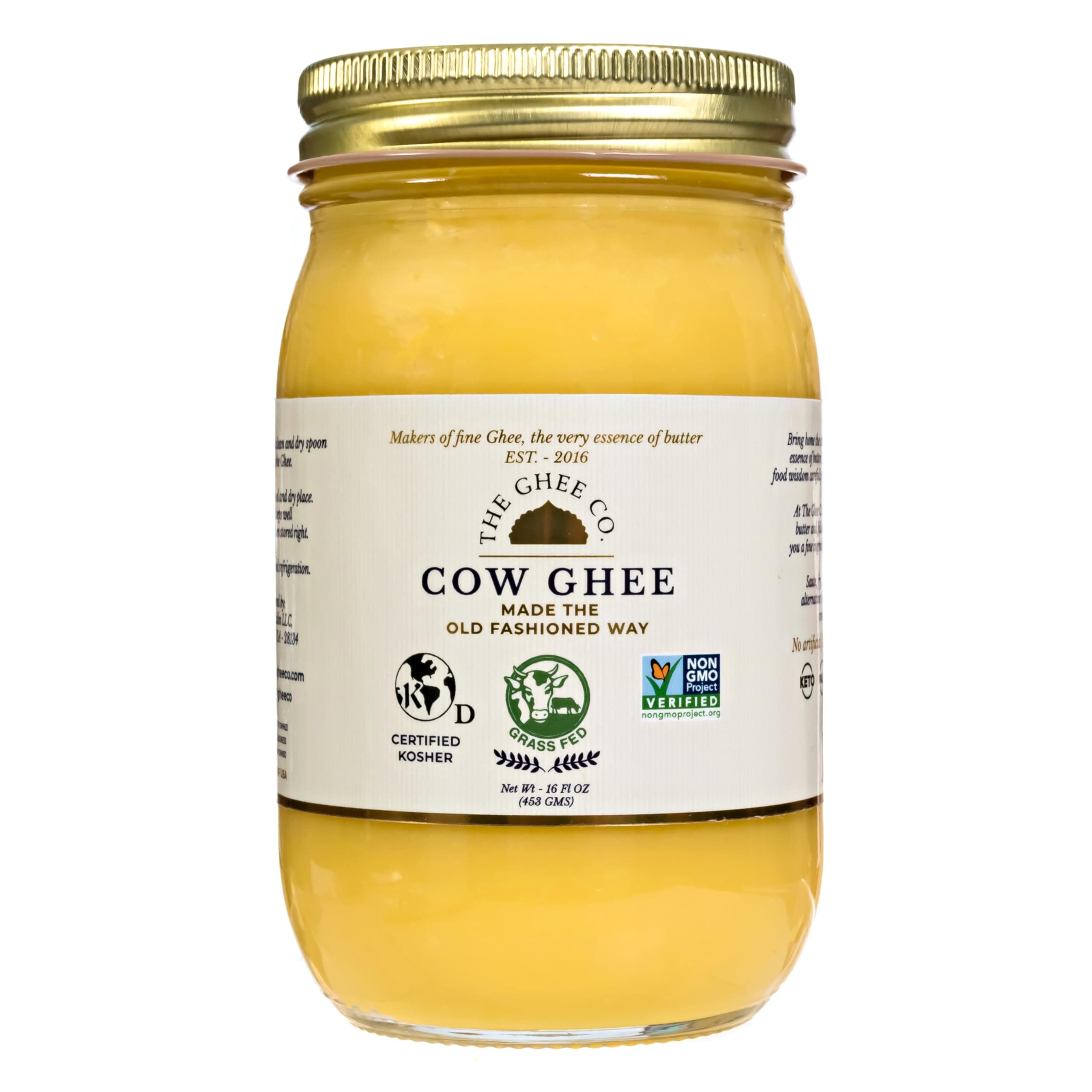 The Ghee Co, Grass fed Ghee, 16 oz, Glass Jar, Made with Grade AA butter, pure ghee, clarified butter, ghee butter, certified NON GMO