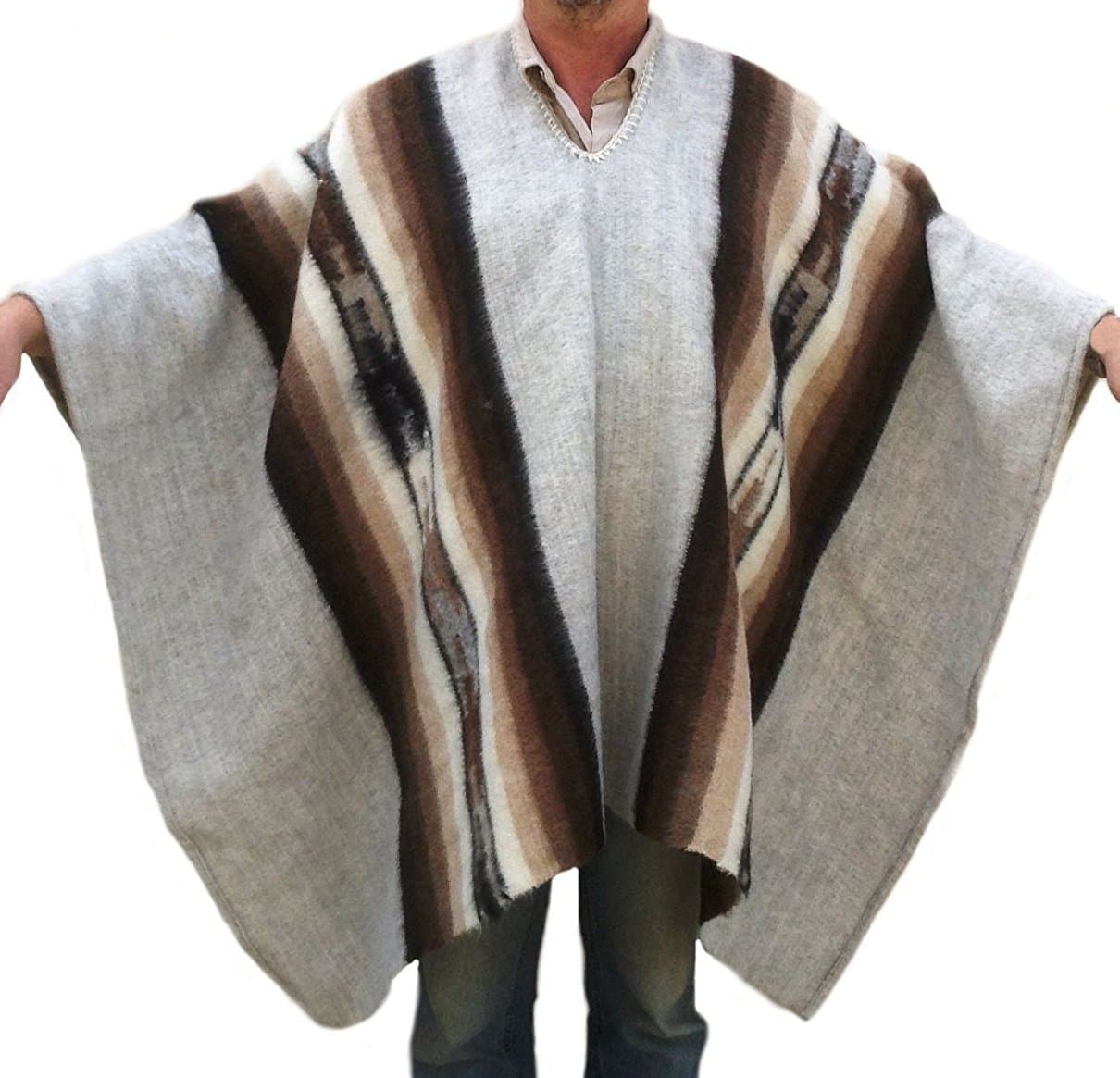 Mens Typical Peruvian Andean Poncho Alpaca Wool White One Size