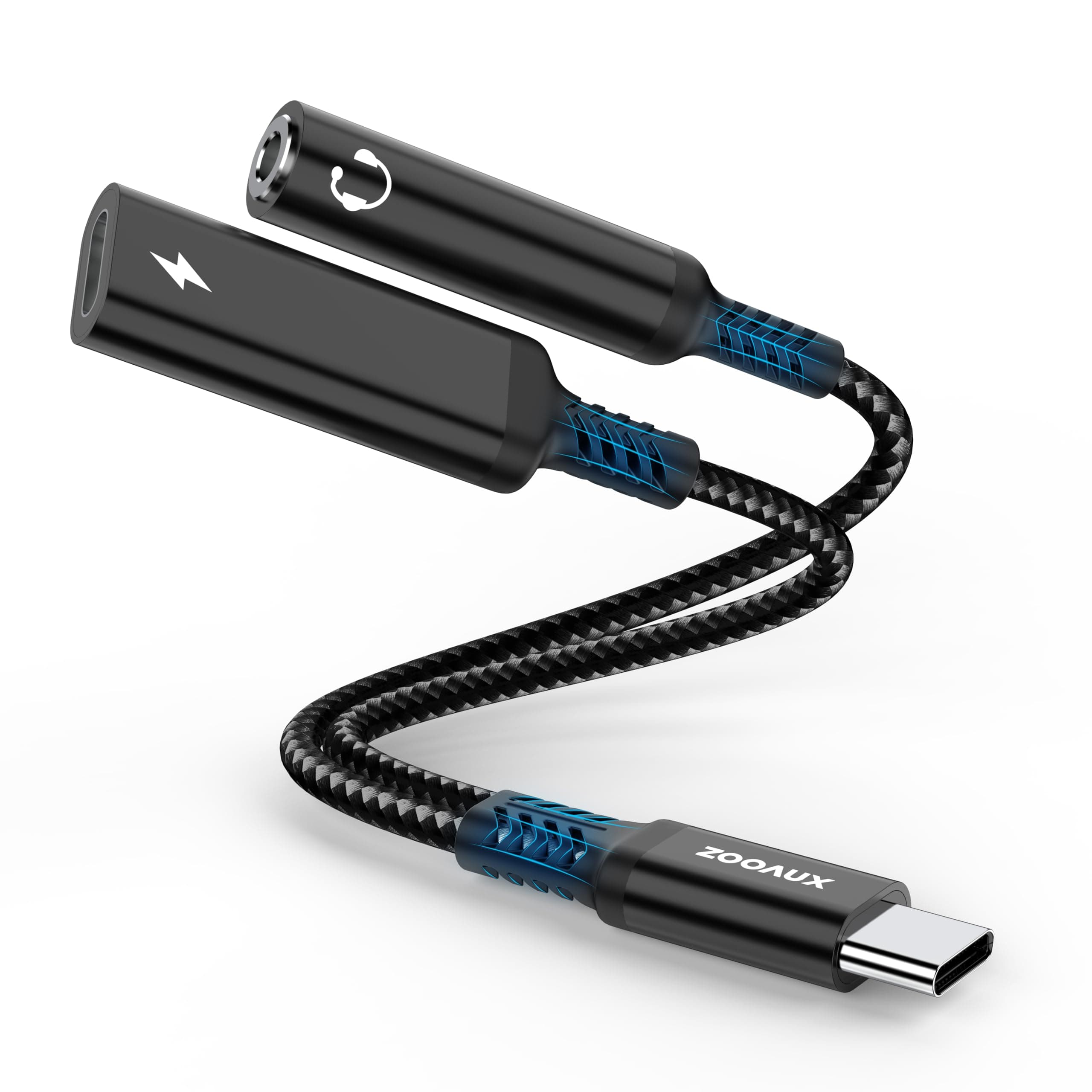 ZOOAUX USB C to 3.5mm Headphone and Charger Adapter,2 in 1 USB C to Aux Audio Jack with PD 60W Fast Charging Dongle Cable Cord,Compatible with S22/S21/S20/S20+ Ultra, Note 20/10,Pixel 4/3 XL(Black)