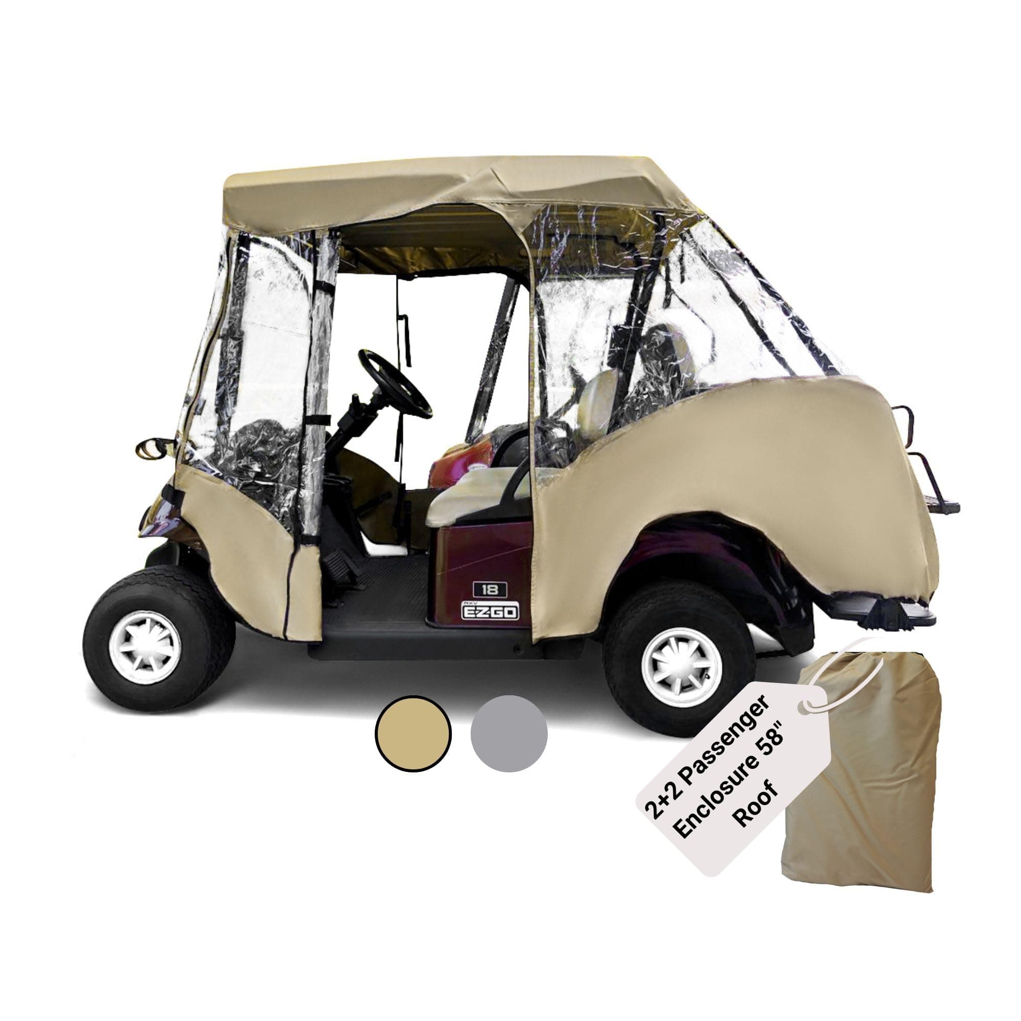 Formosa Covers 2+2 Golf Cart Enclosure Cover Drivable All-Weather Rain & Wind Covers Durable YKK Door Zippers - 4 Passenger Golf Cart Rain Cover Short Roof 58" EZGO, Club Car 360 Clear Windows | Taupe