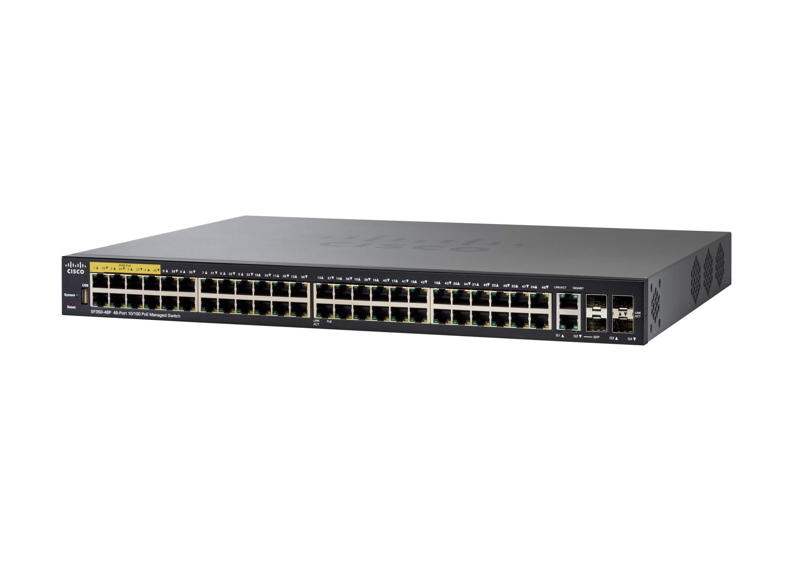 SF350-48P Managed Switch, 48 10/100 Ports, 382W PoE, 4 Gigabit Ethernet (GbE) Combo SFP, Limited Lifetime Protection (SF350-48P-K9-UK)