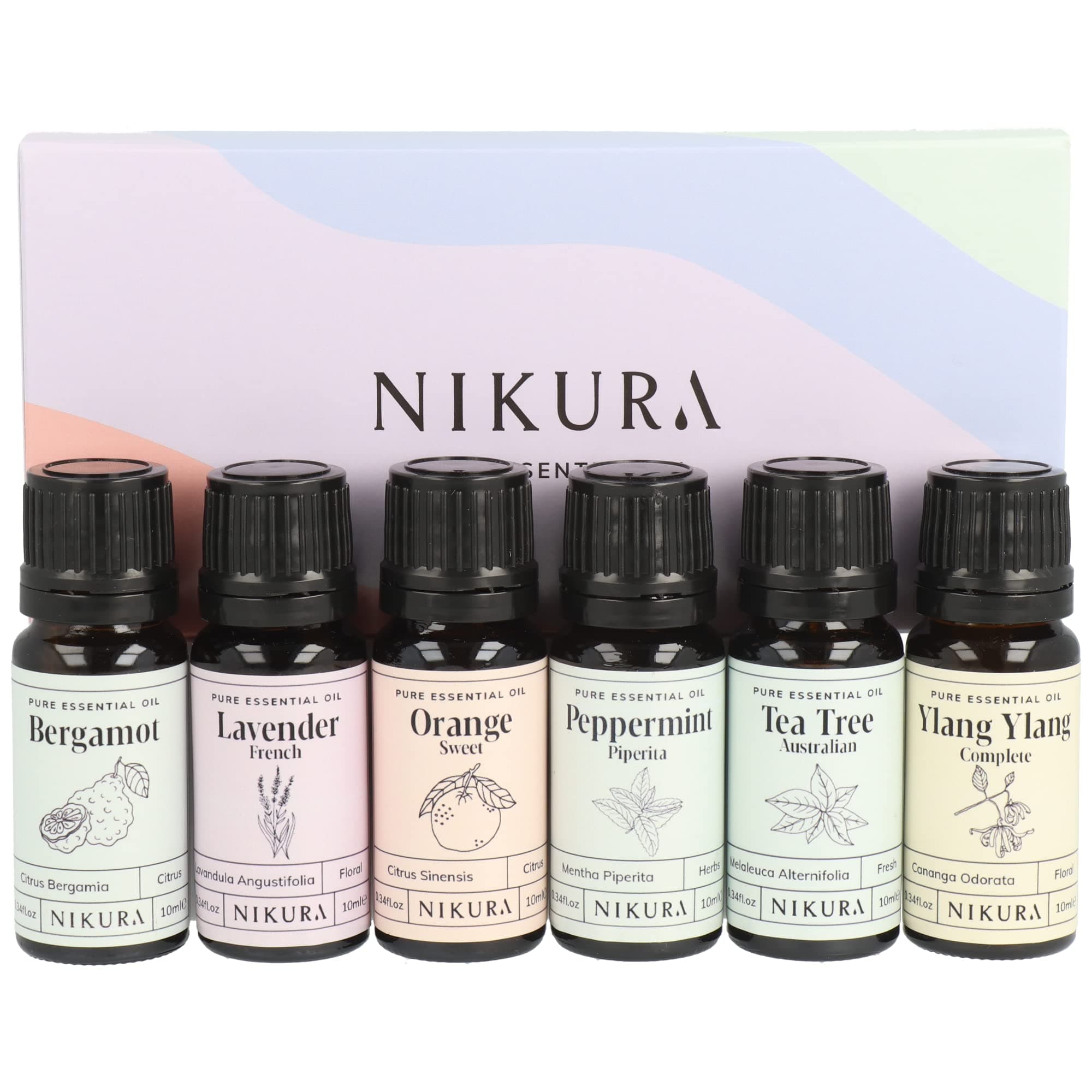 Nikura Best Sellers Essential Oil Gift Set - 6 x 10ml | Essential Oils for Diffusers for Home, Aromatherapy, Sleep, Cleaning, Skin, Spiders | Lavender, Sweet Orange, Peppermint, Tea Tree & Ylang Ylang