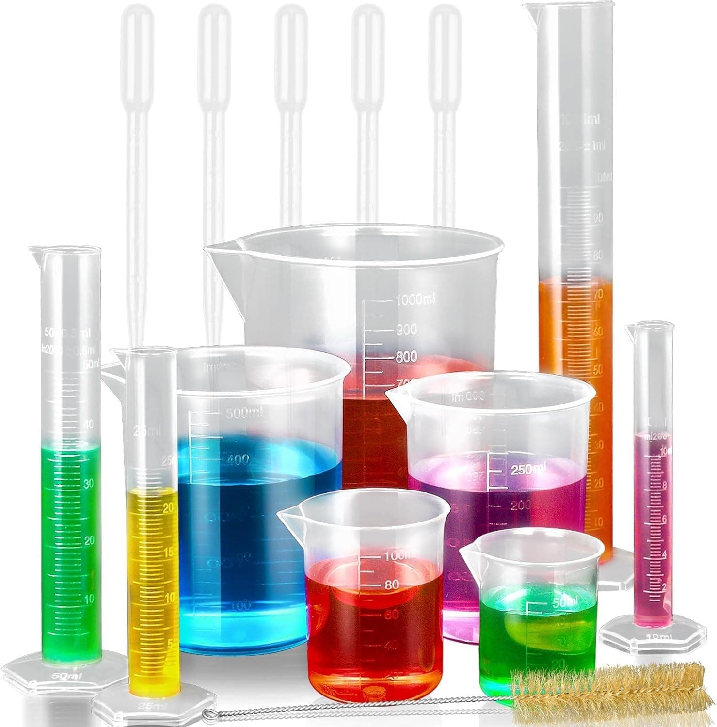 moveland 15-Piece Set of Plastic Graduated Cylinders and Beakers with 5 Transfer Pipettes and 1 Test Tube Brushes, Ideal for Science Lab