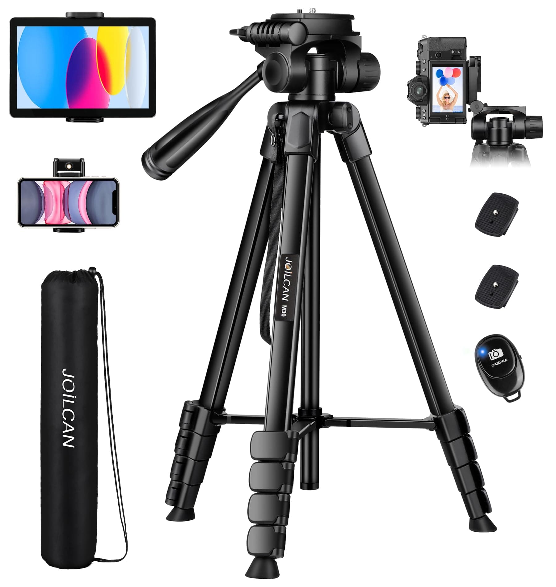 JOILCAN Camera Tripod, 68" Tablet Tripod Stand for Phone Cameras, Travel Tripods Compatible with iPad iPhone DSLR SLR Projector, Cell Phone Tripods Stand with Remote/Travel Bag / 2 in 1 Mount