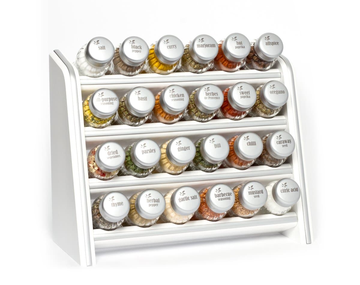 24 Jar Wooden Kitchen Spice Rack Filled with Herbs and Spices + 2 Glass Jars Absolutely Free! - Made in Poland- 24N-Silver line-White .Satin caps