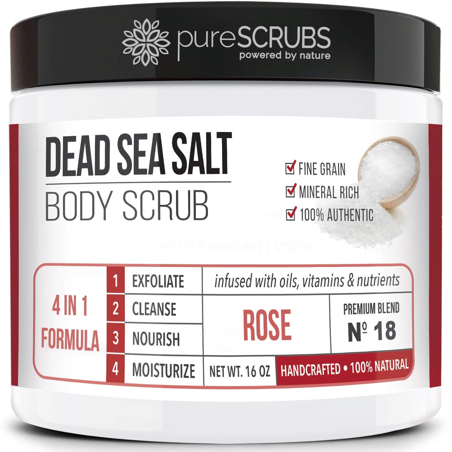 Premium Rose Body Scrub Set - Large 16oz Dead Sea Salt Body Scrub With Infused Essential Oils & Nutrients, Includes Wooden Spoon, Loofah & Oatmeal Exfoliating Bar Soap