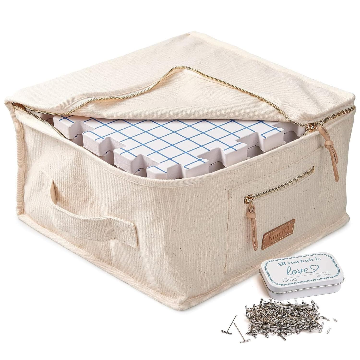 KnitIQ Pack of 9 Blocking Mats for Knitting and Crocheting - Extra Thick Blocking Boards for Crochet Projects - Block Mats for Knitting with Circular Gridlines, 150 T-Pins, and Storage Bag