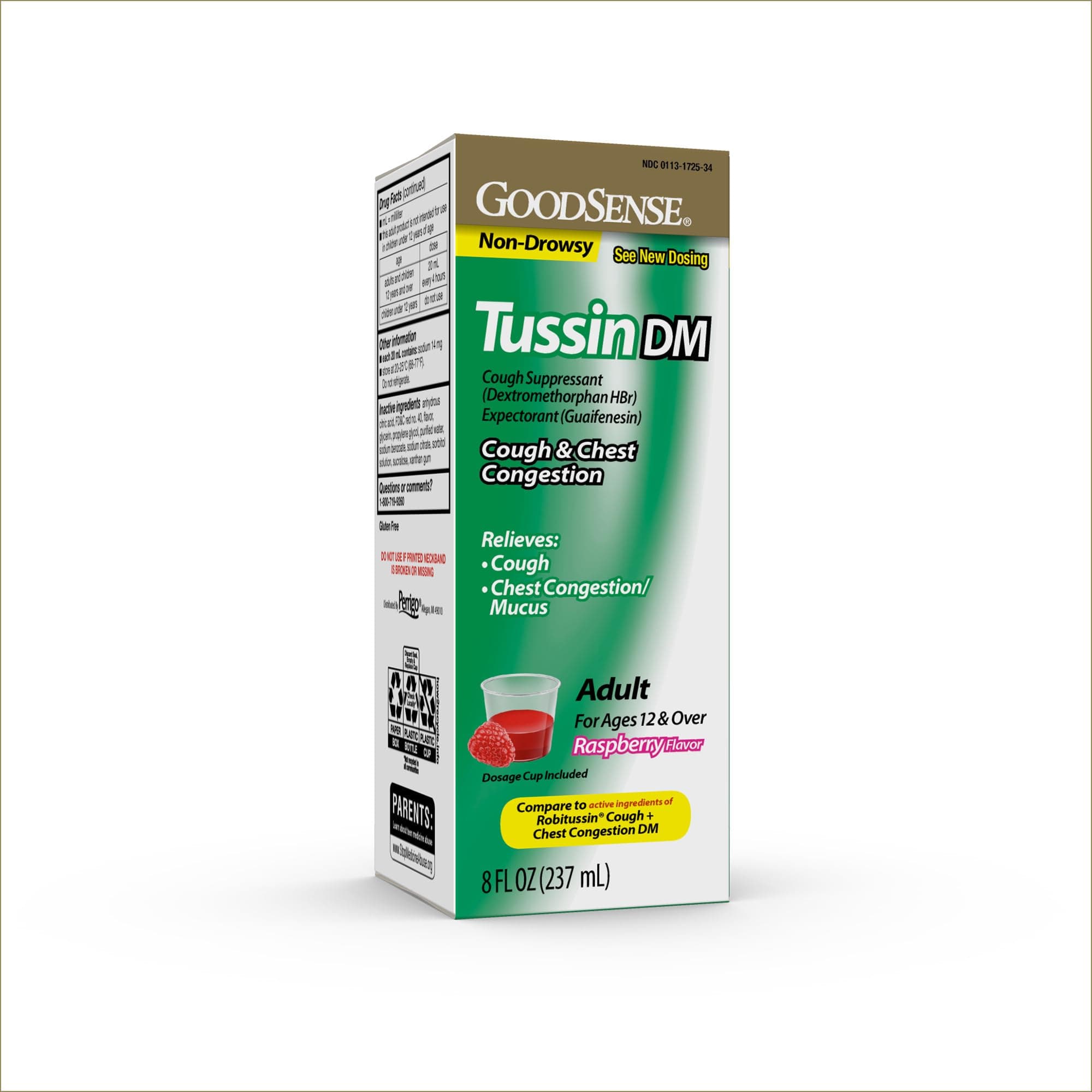 GoodSense Tussin Cough Syrup DM, Raspberry Flavor, Effective Relief for Cough and Chest Congestion, Thins Mucus, 8 Fl Oz