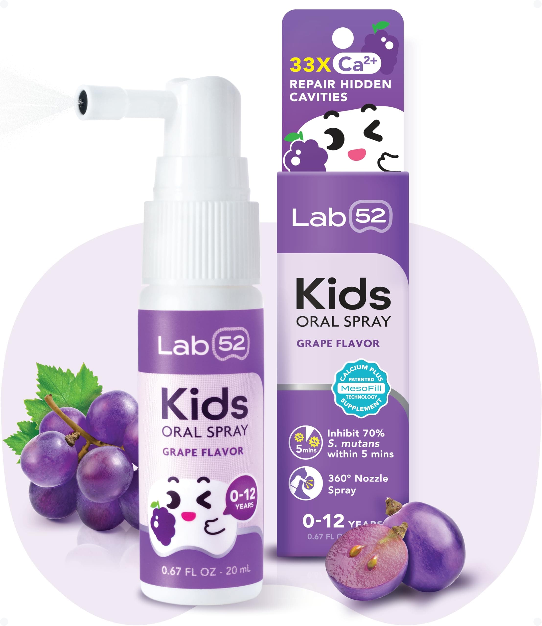 LAB52 Kids Oral Spray, Toddler Toothpaste Helper for Cavity Repair and Fresh Breath, Children Anticavity with Fluoride Free for Newborn to Preschoolers, Xylitol Grape Flavor