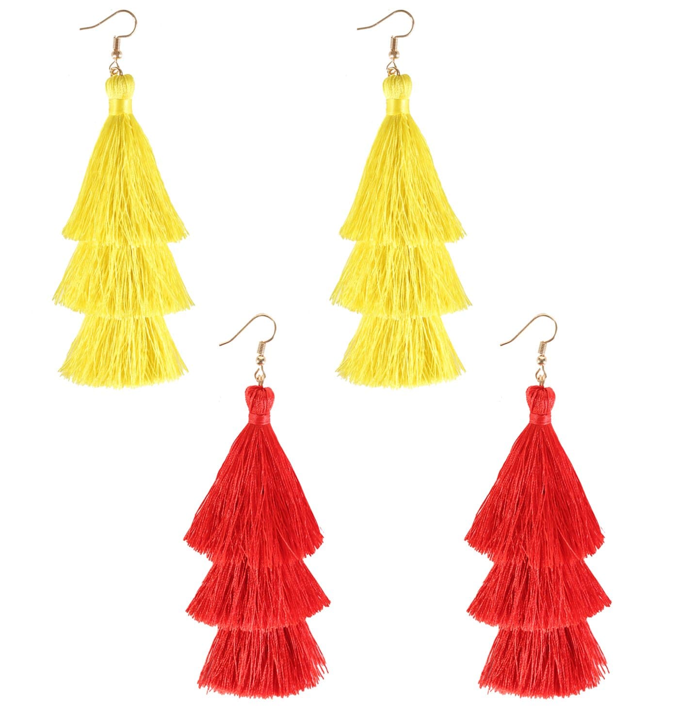 ELEARD Tassel Earrings Tiered Thread Tassel Dangle Earrings Statement Layered Tassel Drop Earrings (red and yellow)