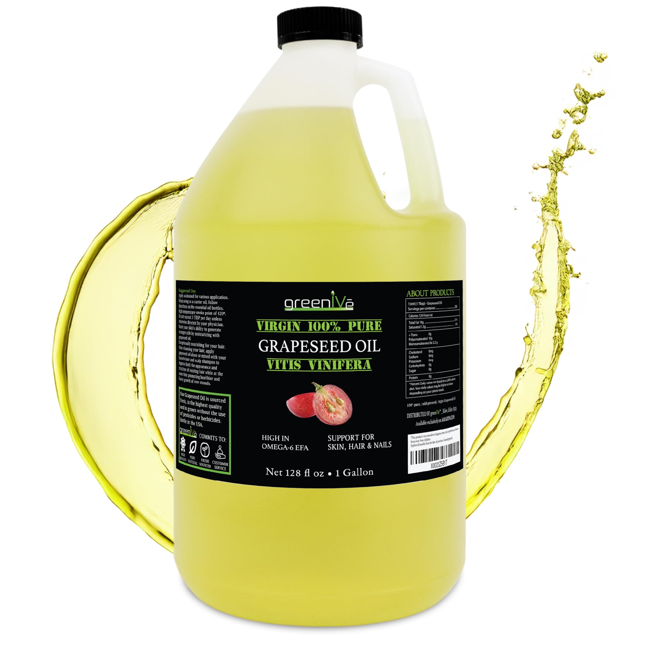Grapeseed Oil Organically Grown 100% Pure Cold Pressed Light Flavor High Tempurature Cooking (128 Fl Oz (Gallon))