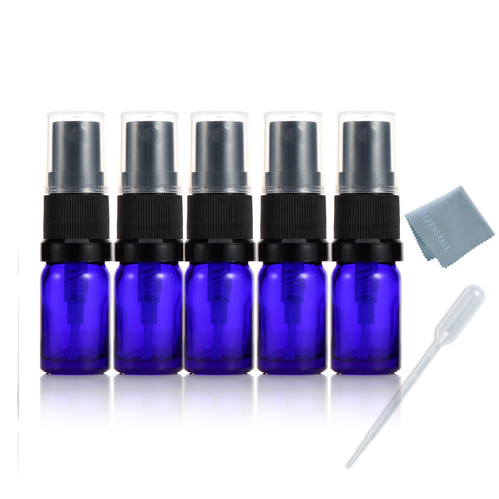 Elfenstal- Set of 5 Mini Thick 5ml Cobalt Blue Fine Mist Atomizer Glass Bottle Spray Refillable Perfume Empty Bottle Glass for Aromatherapy Essential Oil Party Portable Free Pipette