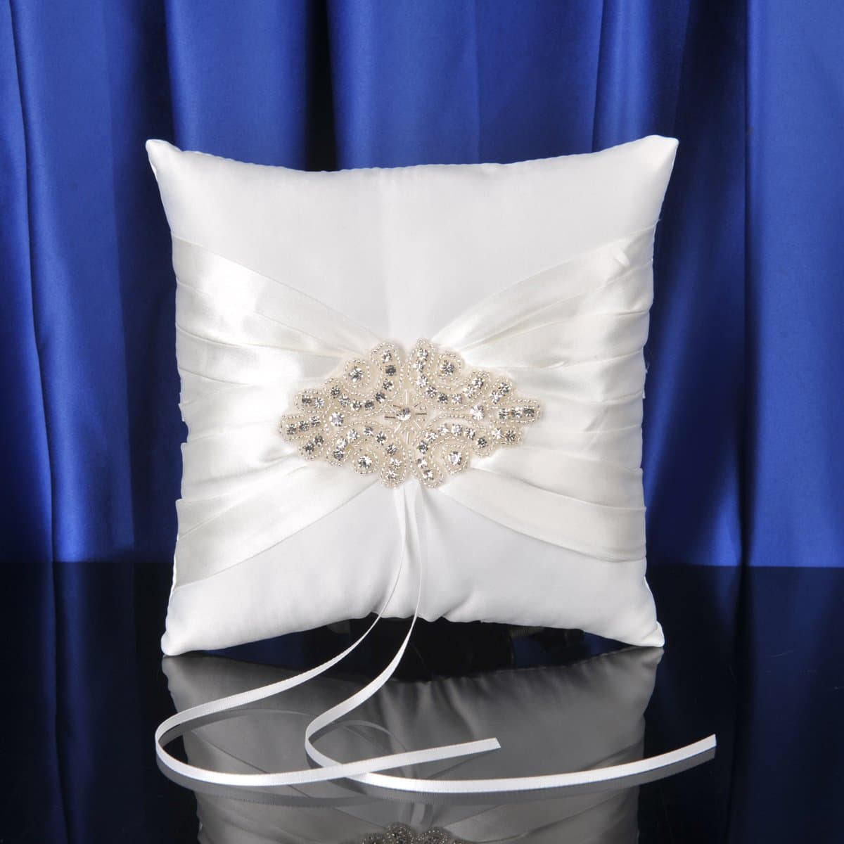 Topwedding Beige Satin Ring Pillow with Beaded Bow