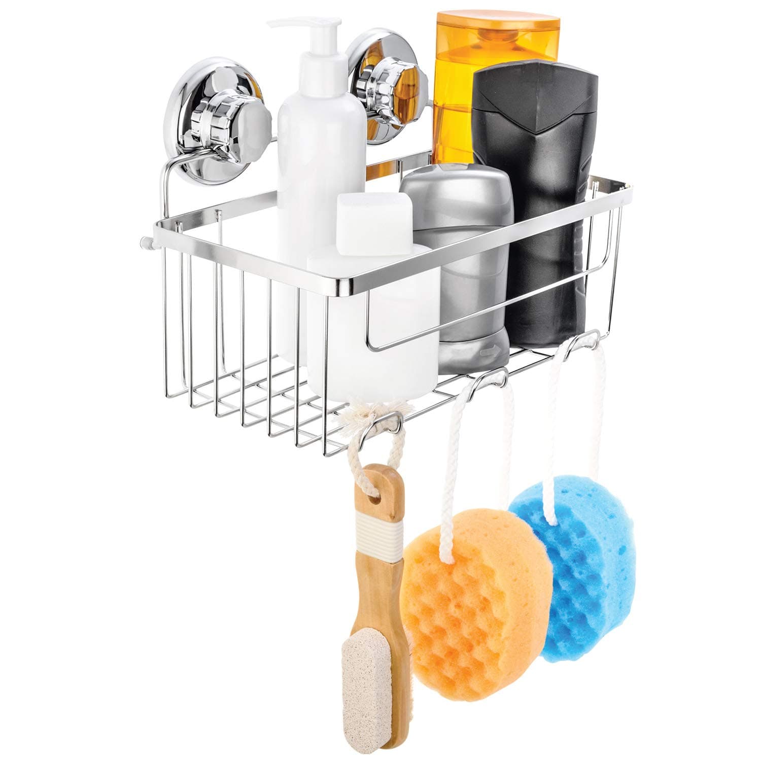 Vacuum Suction Cup Shower Caddy | Deep Basket Organizer for Shampoo with Hooks | Adhesive 3M Stick Discs | Holder for Bathroom Storage | Polished Stainless Steel SS304