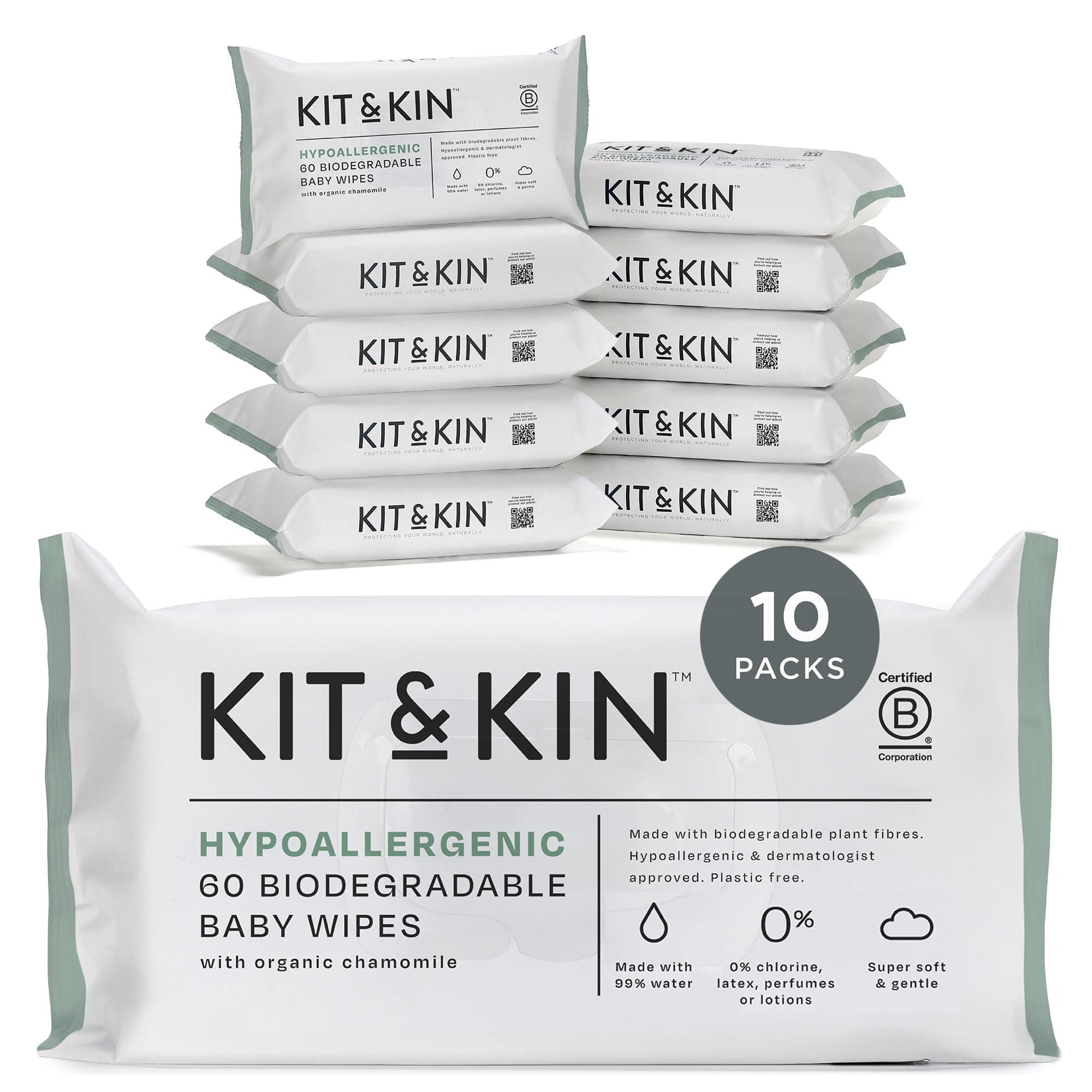Kit & KinBiodegradable Baby Wipes | Plastic-Free & 99% Water Wipes | Wet Wipes for Baby 0% Chlorine, Alcohol, Parabens or Perfumes Wet Wipes | 600 Count Pack of 10