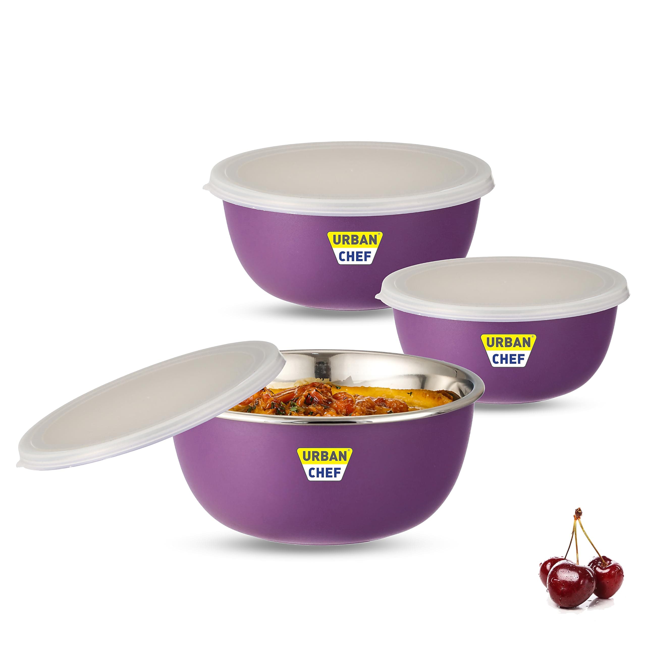URBAN CHEF Mixing Bowl Set of 3 Stainless Steel (500ml, 800ml,1250ml) | Microwave Safe & Dishwasher Safe | Bowl Set with Lid for Gift | Bowls for Snacks | Serving Bowls Kitchen Accessories -Purple