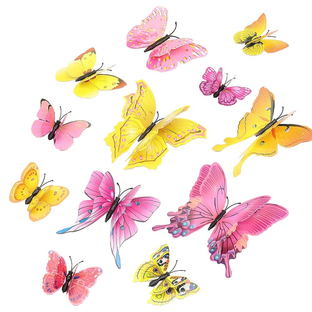 Butterfly Wall Stickers 24 Pieces Removable 3D Fashion Art Wall Mural Stickers, PVC Simulation Butterflies Art Decals Crafts for Home Wall and Room Decor, Bedroom Accessories Multi-color (Pink+Yellow)