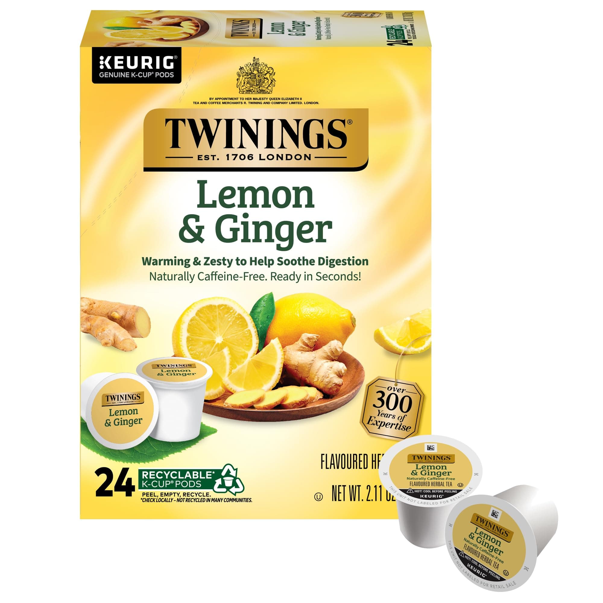 Twinings Lemon & Ginger Herbal Tea K-Cup Pods for Keurig, 24 Count (Pack of 1), Tangy & Spicy, Naturally Caffeine-Free, Enjoy Hot or Iced
