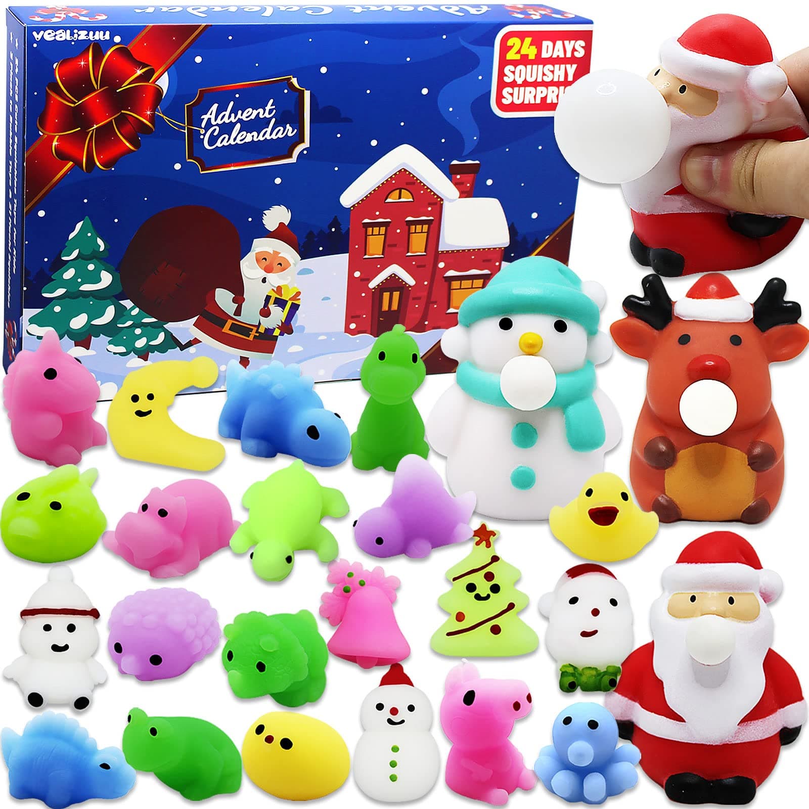 Advent Calendar 2024 for Kids, Christmas Calendar Countdown Toys with 24PCS Various Cute Relief Stress Toys, 3 Pinch to Bubble Toys & 21 Mochi Squishy Toys, for Boys Girls