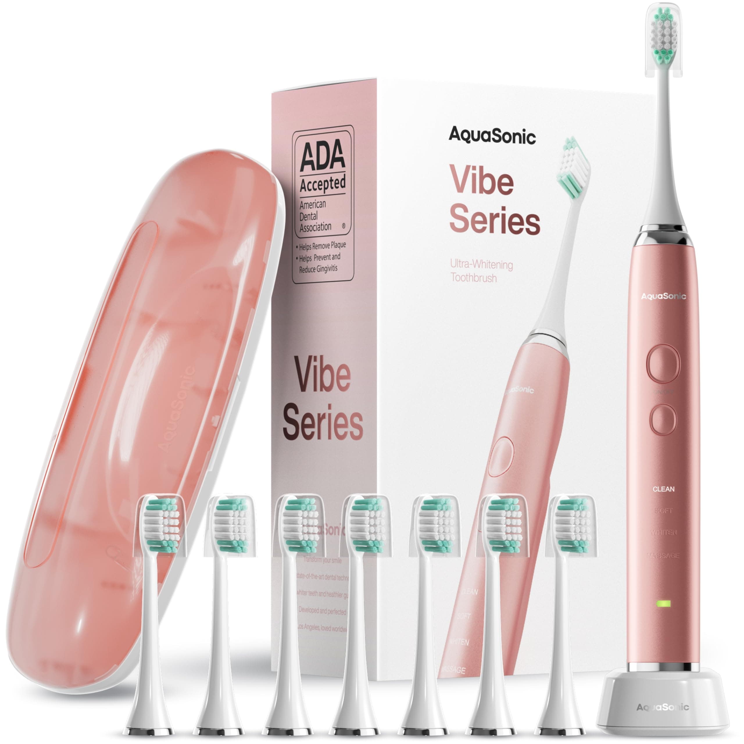 Vibe Series Ultra Whitening Toothbrush ADA Accepted Electric Toothbrush - 8 Brush Heads & Travel Case - Ultra Sonic Motor & Wireless Charging - 4 Modes w Smart Timer Satin Rose Gold