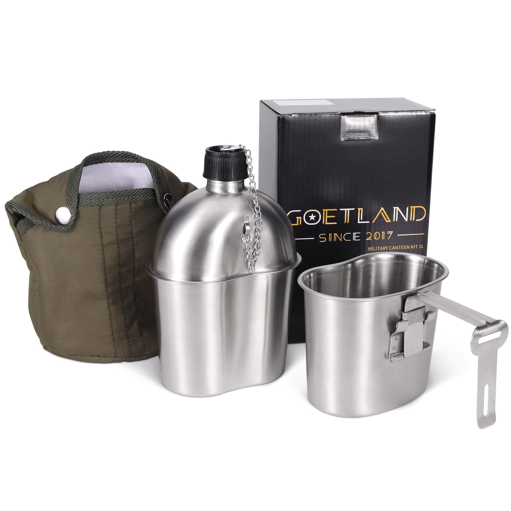 Goetland Stainless Steel WWII US Military Canteen Kit 1QT with 0.5QT Cup Nylon Cover G.I. for Camping