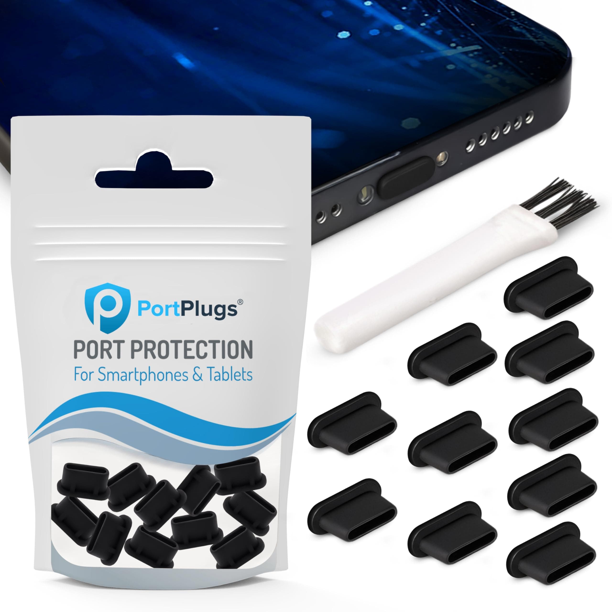 PortPlugs USB C Dust Plugs (10 Pack), Compatible with Samsung Galaxy s20, Plus, Ultra, Note 10, Pixel, MacBook, Any Type C Charging Port, Includes Cleaning Brush (Black)