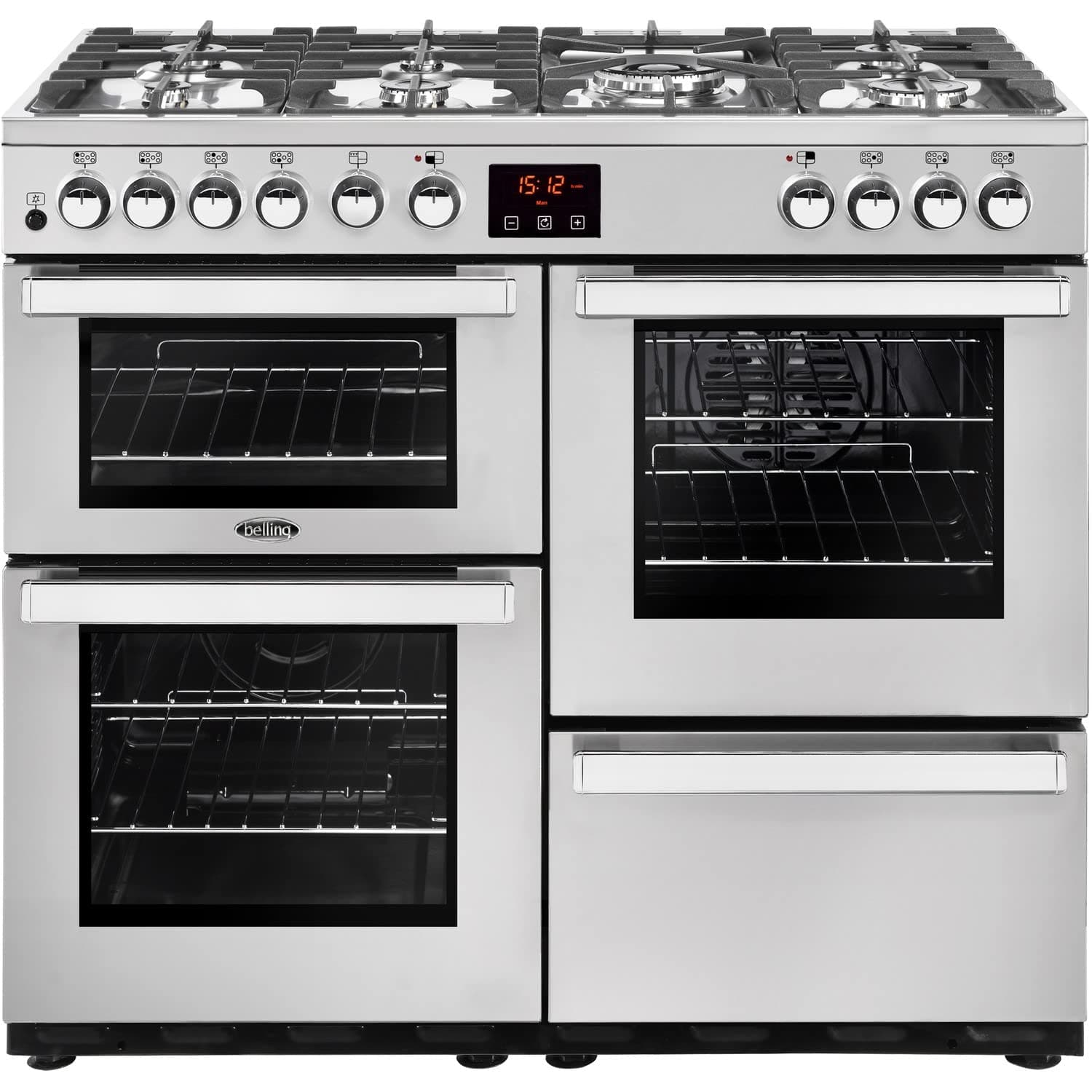 Belling Cookcentre 100DFT Dual Fuel Range Cooker, Professional Stainless Steel, 100cm [Energy Class A]