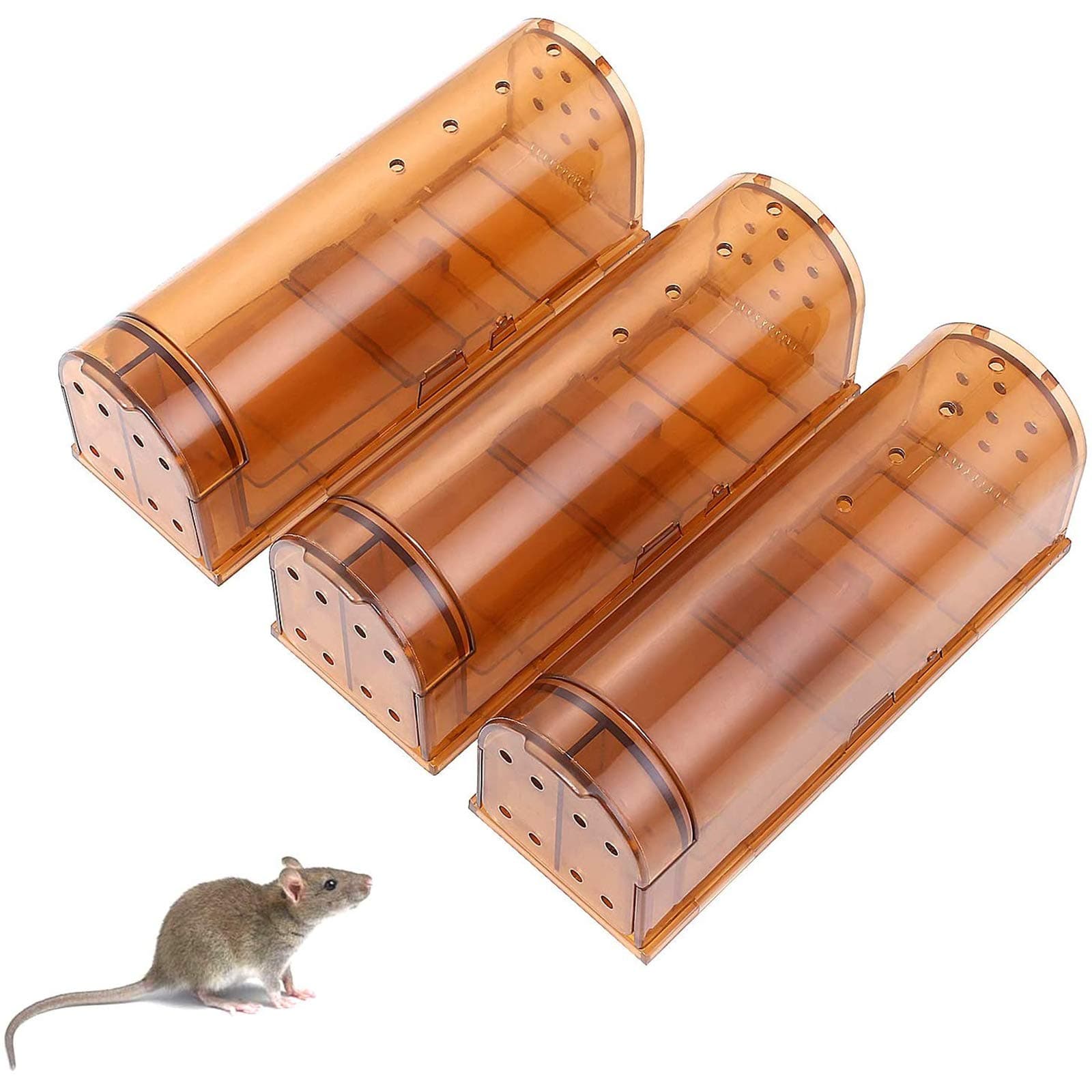 Humane Mouse Trap Catch and Release, No Kill Mouse Traps, 3 Pack Live Mouse Traps, Easy to Set and Clean, Reusable Live Mouse Trap for Indoor/Outdoor, Kids/Pet Safe (Brown)
