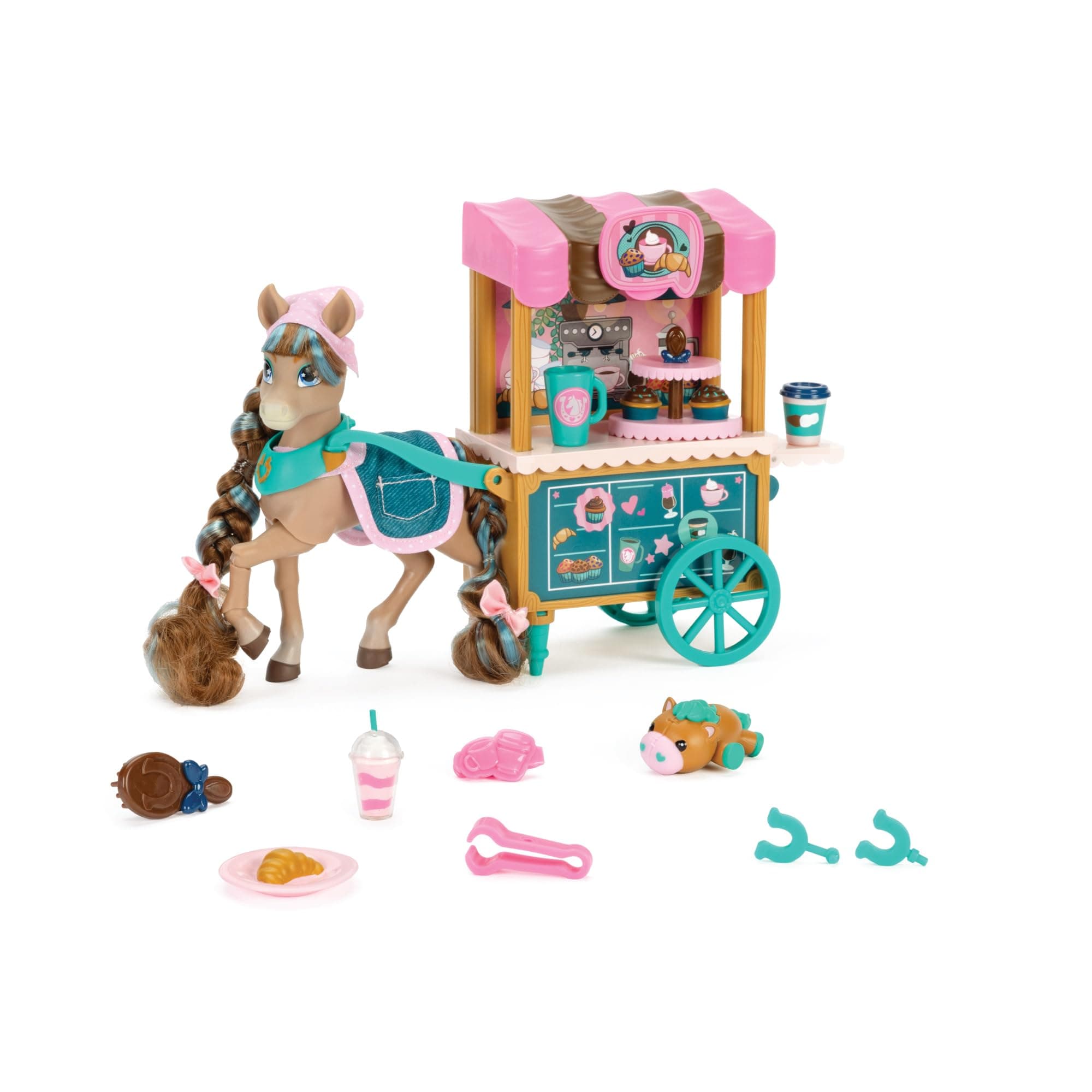 Wild Manes Horse Toys – Cocoa’s Bakery Café Cart Playset with Cocoa Horse Doll, Pastry & Drink Accessories, Brush & Stuffed Animal